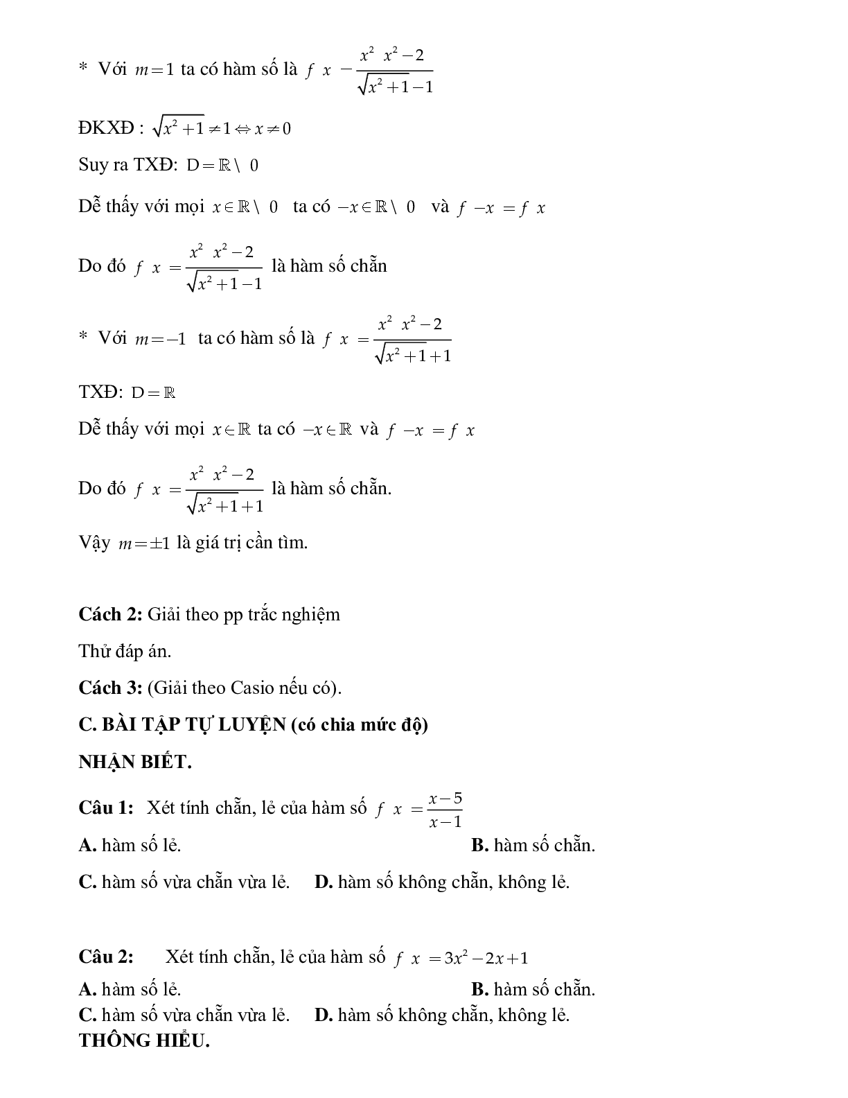 Bài tập tự luyện xét tính chẵn lẻ của hàm số Toán 10 (trang 5)