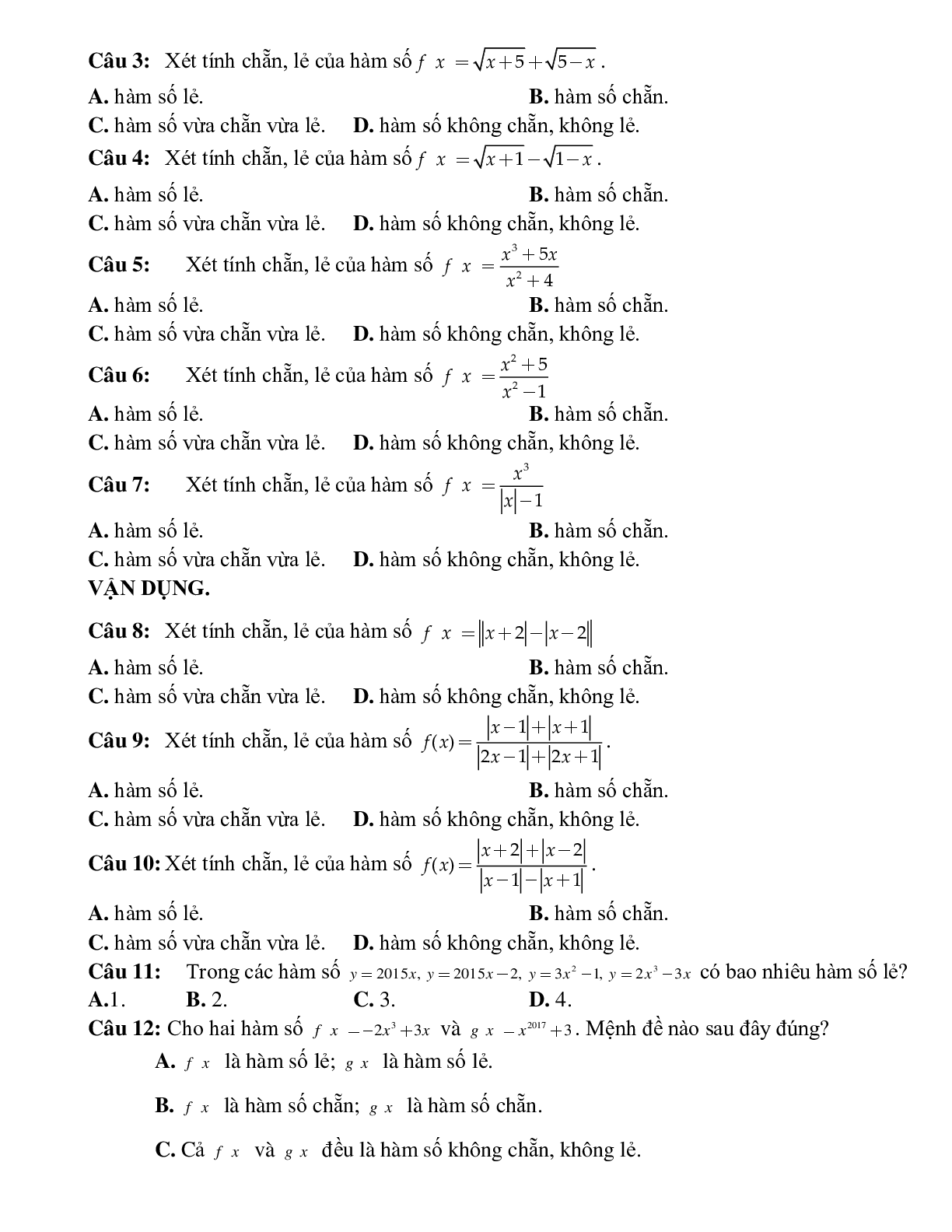 Bài tập tự luyện xét tính chẵn lẻ của hàm số Toán 10 (trang 6)