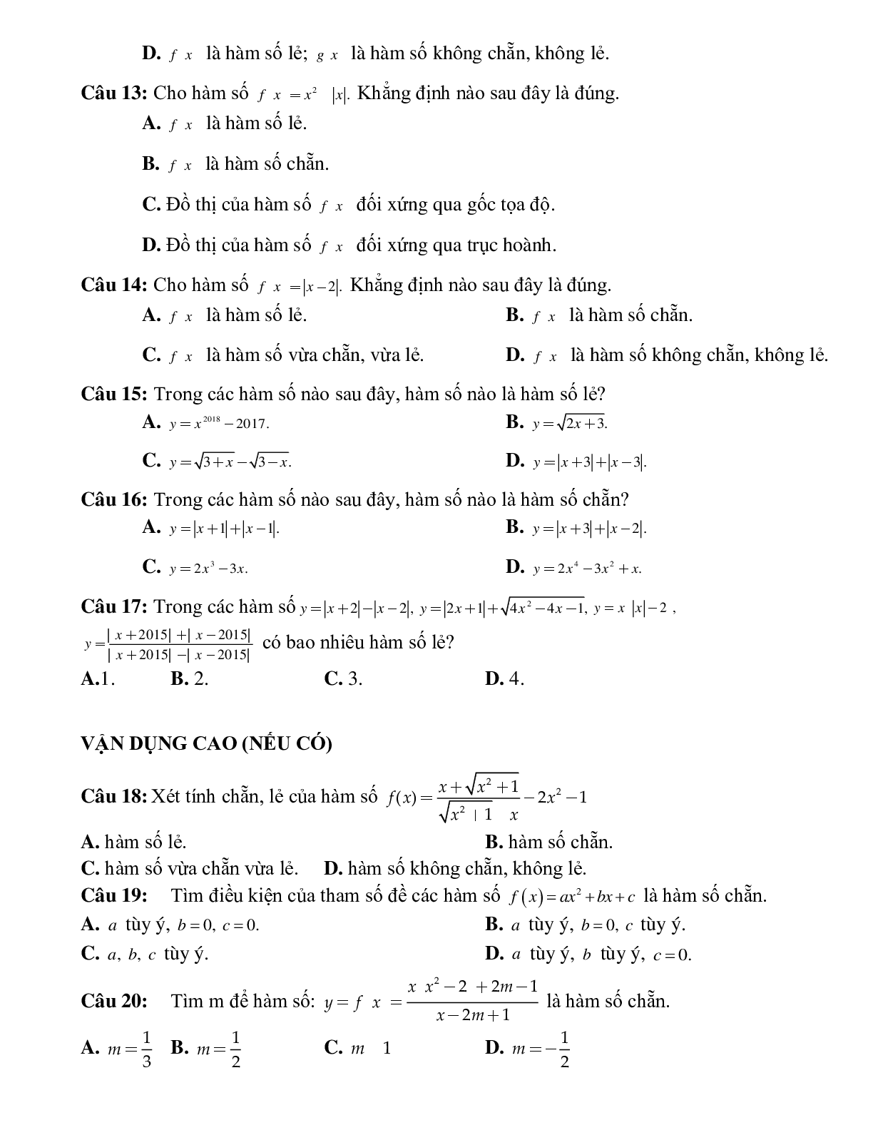 Bài tập tự luyện xét tính chẵn lẻ của hàm số Toán 10 (trang 7)