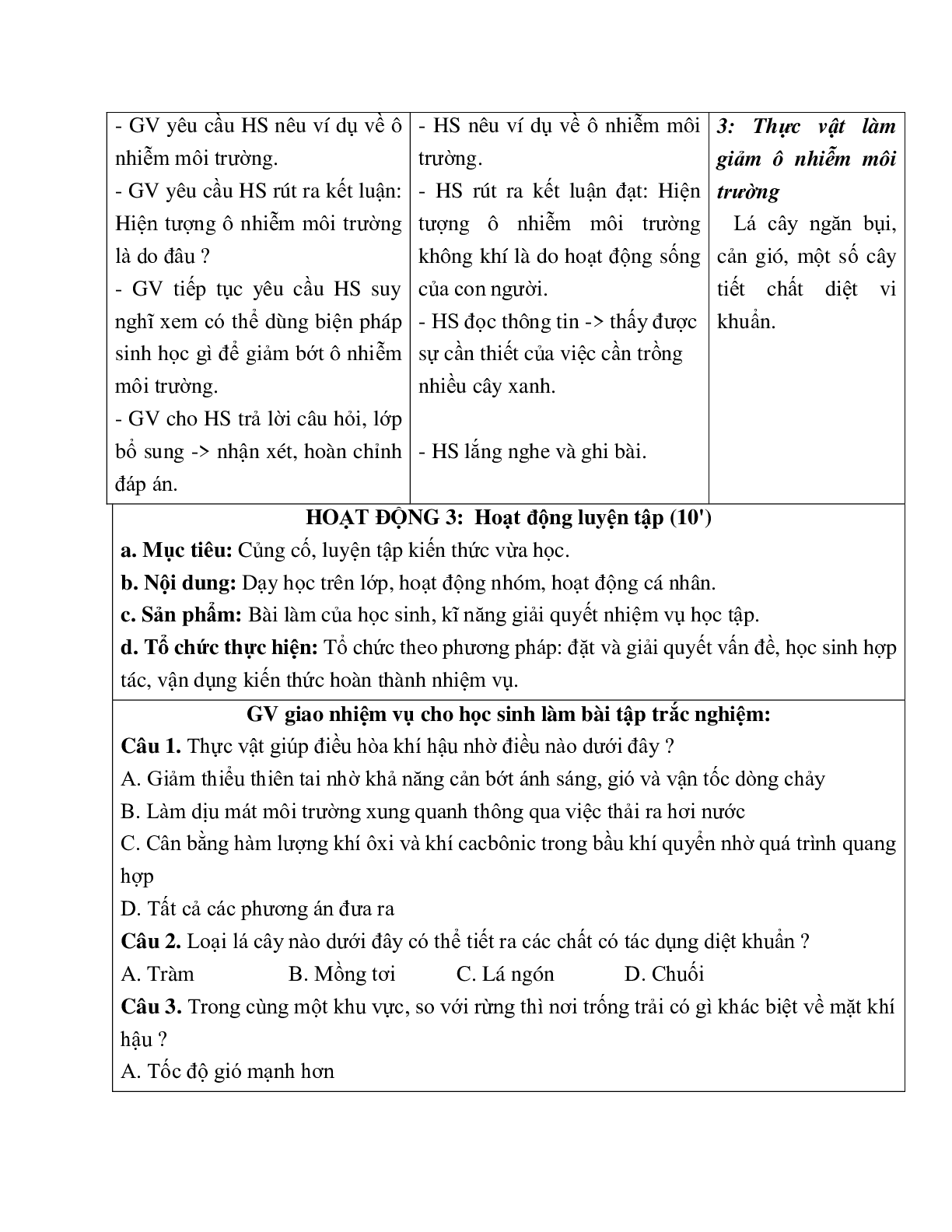 Giáo án Sinh học 6 Bài 46: Thực vật góp phần điều hòa khí hậu mới nhất - CV5555 (trang 4)