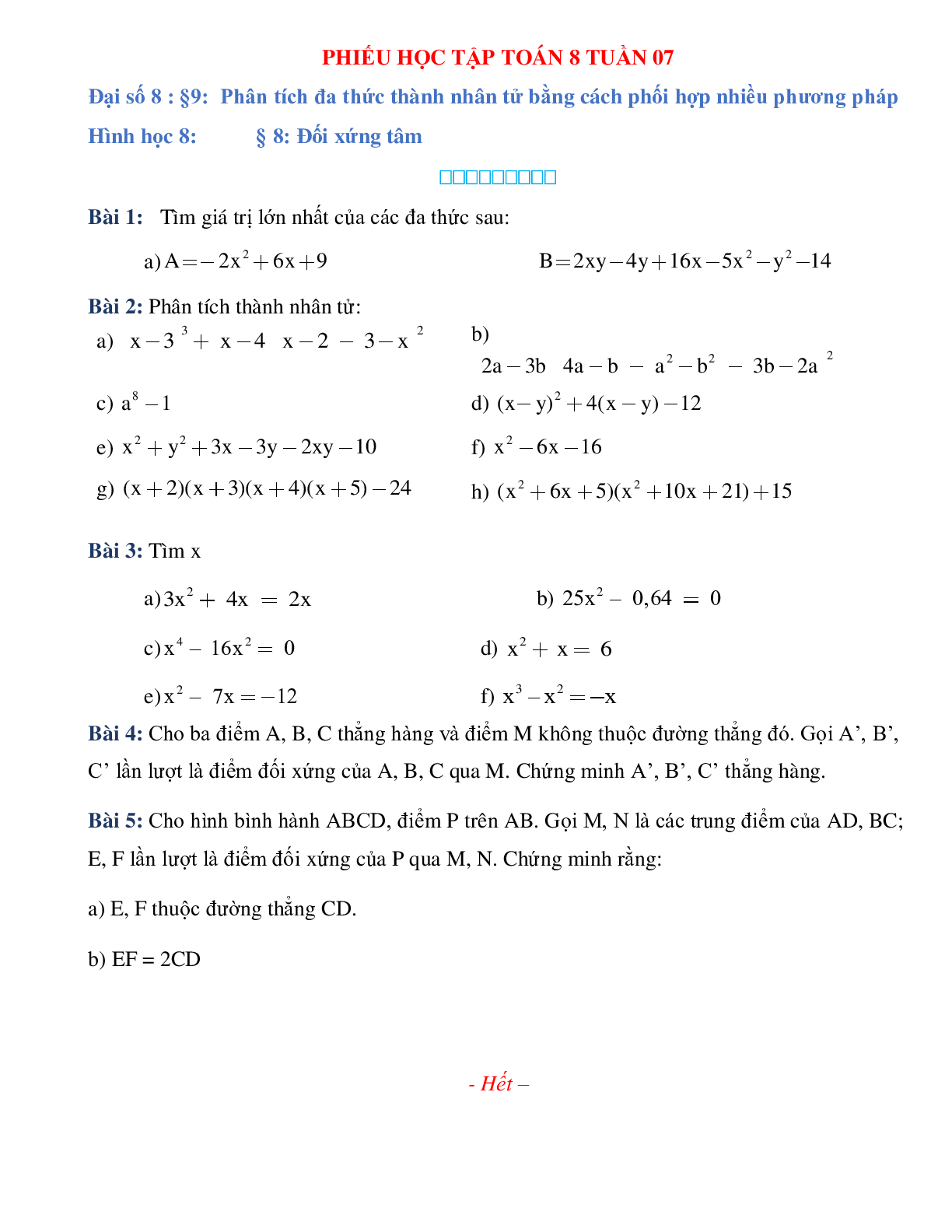 Phiếu bài tập tuần 7 - Toán 8 (trang 1)