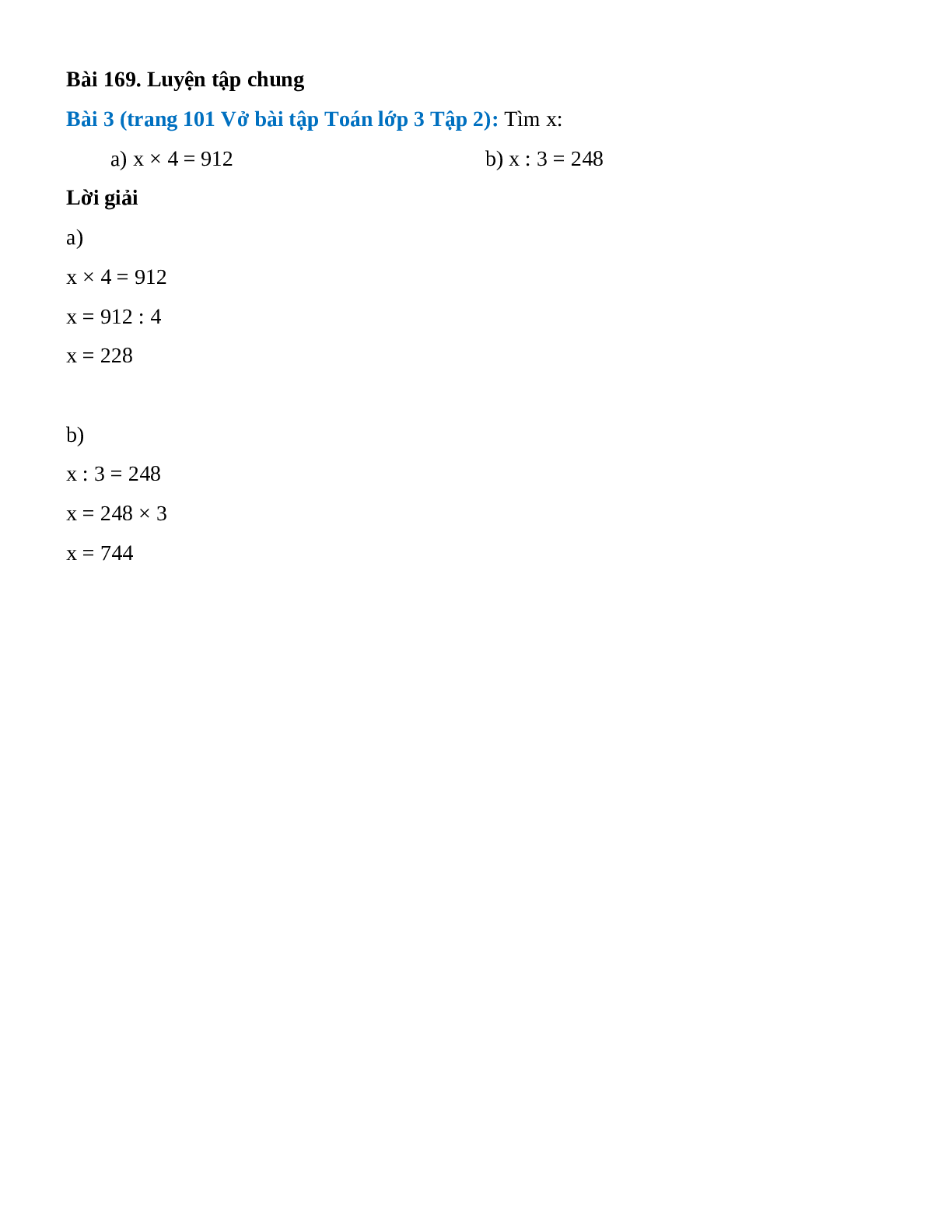 Tìm x: x × 4 = 912, x : 3 = 248 (trang 1)