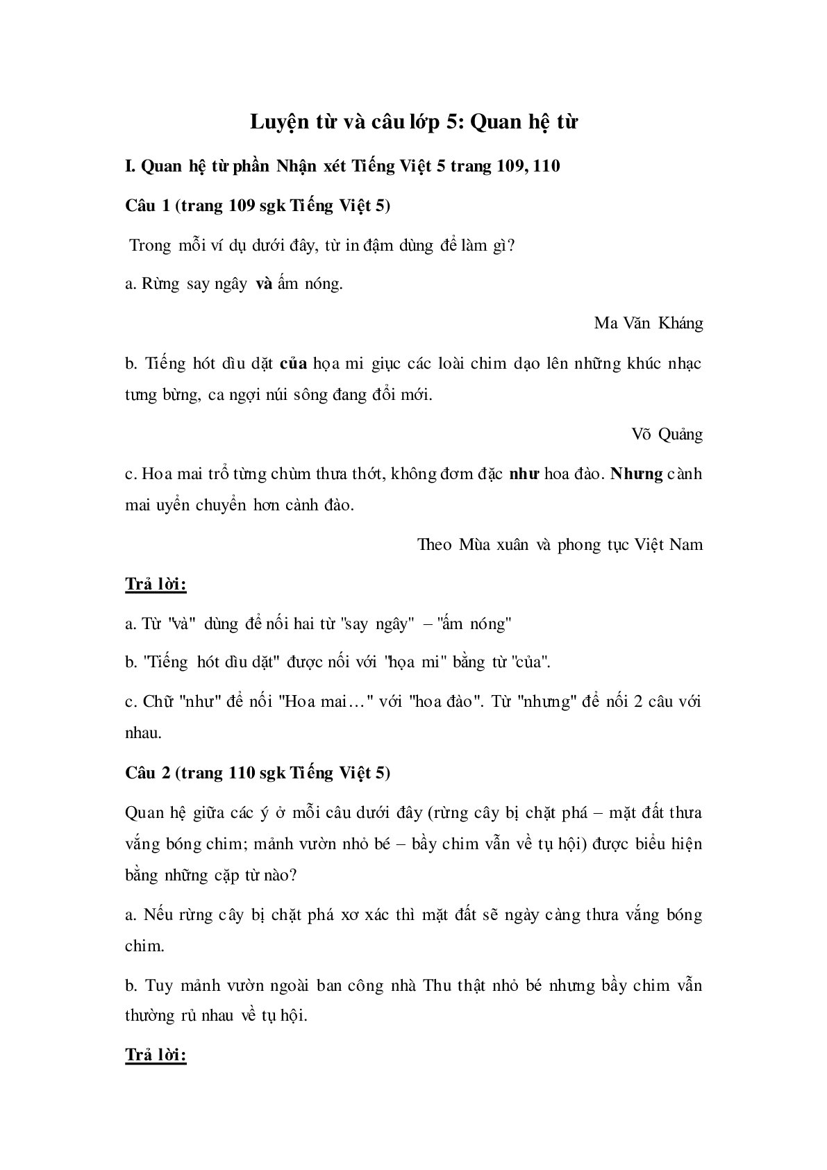 Soạn Tiếng Việt lớp 5: Luyện từ và câu: Quan hệ từ mới nhất (trang 1)