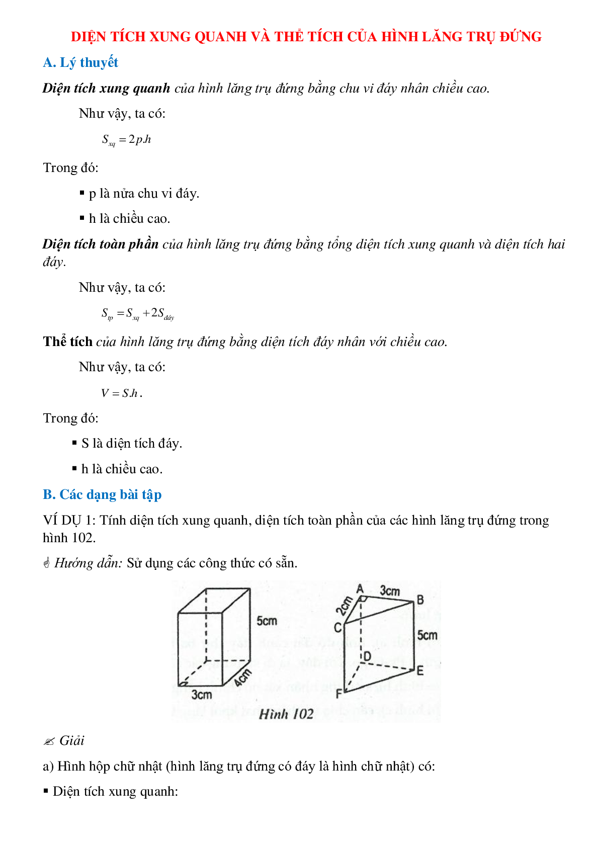 50 Bài tập Diện tích xung quanh của hình lăng trụ đứng (có đáp án)- Toán 8 (trang 1)