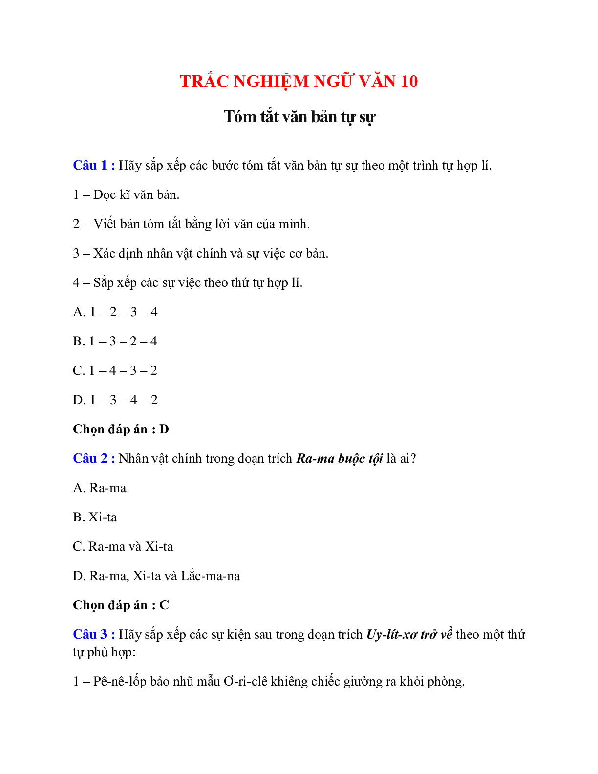 Trắc nghiệm Tóm tắt văn bản tự sự có đáp án – Ngữ văn lớp 10 (trang 1)
