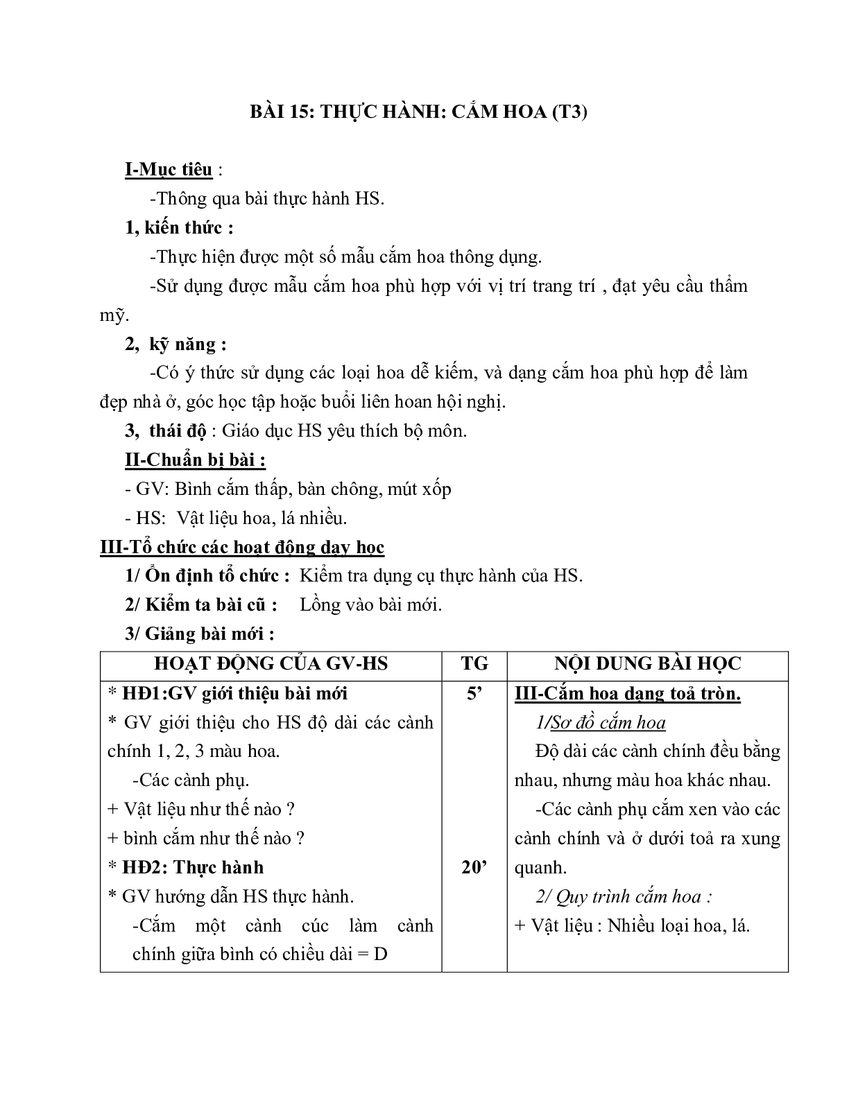 GIÁO ÁN CÔNG NGHỆ 6 BÀI 15: THỰC HÀNH: CẮM HOA (T3) MỚI NHẤT – CV5555 (trang 1)