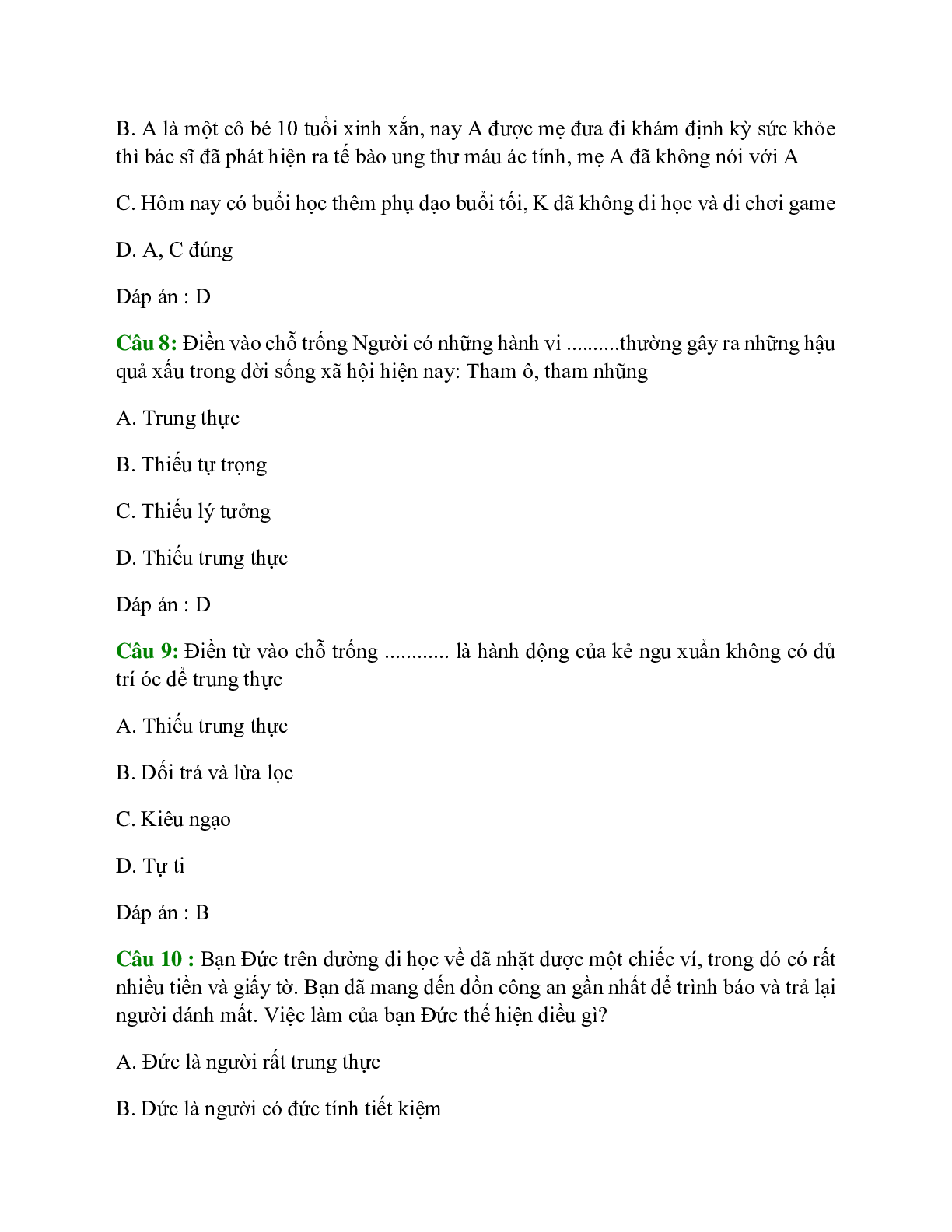 Trắc nghiệm GDCD 7 Bài 2 có đáp án: Trung thực (trang 3)