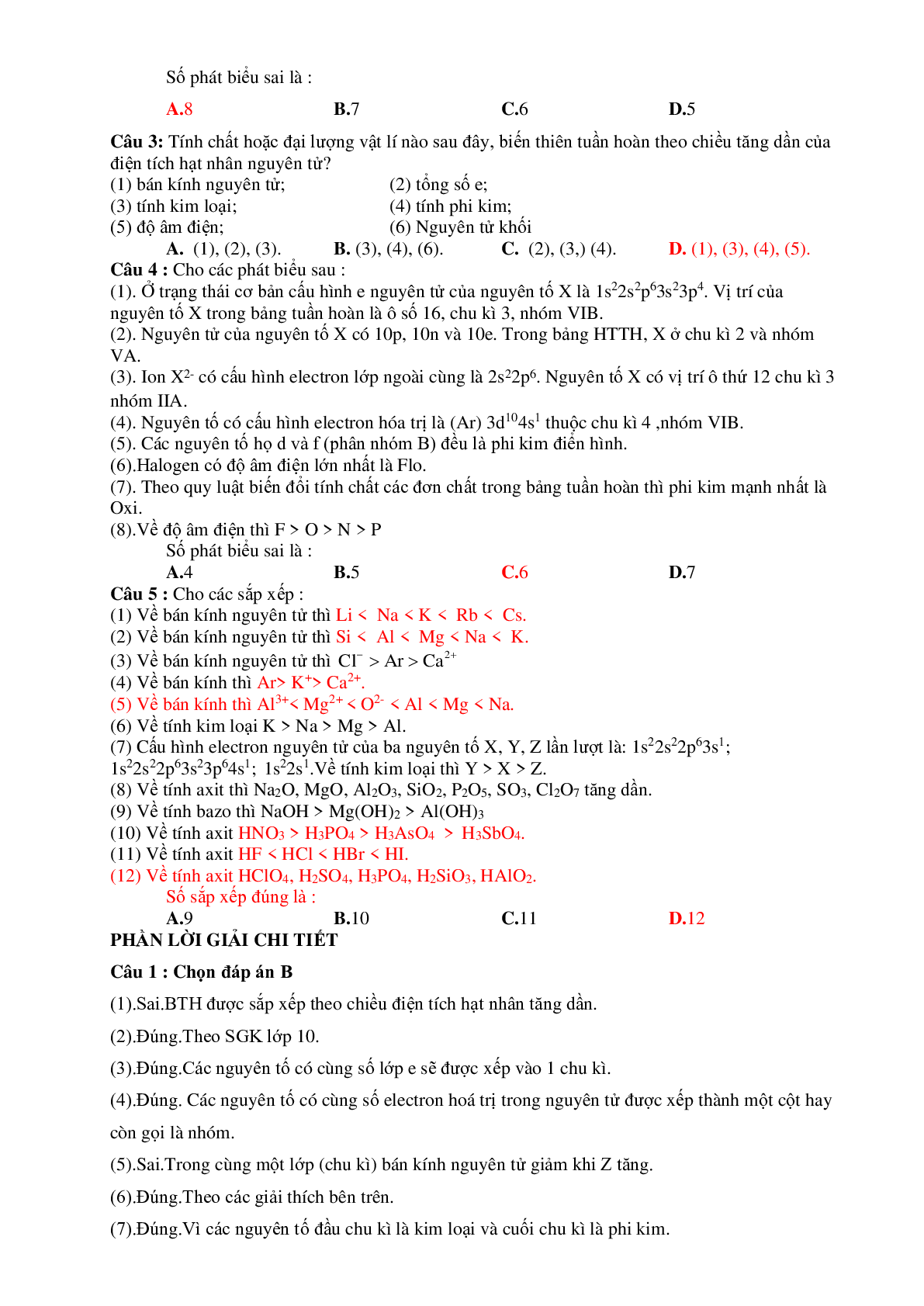 Câu hỏi trắc nghiệm lý thuyết chương Nguyên tử, bảng tuần hoàn, liên kết hóa học, phản ứng hóa học môn Hóa học lớp 10 (trang 5)
