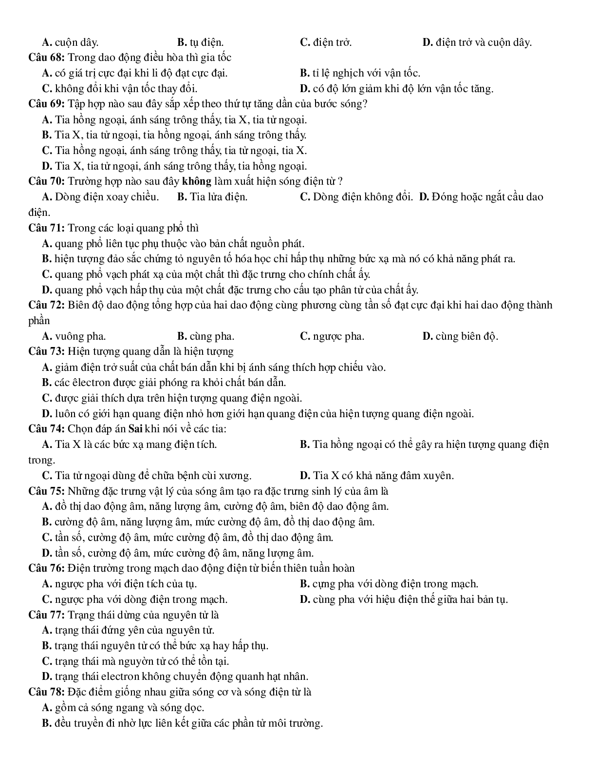 Tuyển tập 200 câu hỏi Lý Thuyết Vật Lý ôn thi Đại học hay và khó có đáp án (trang 10)