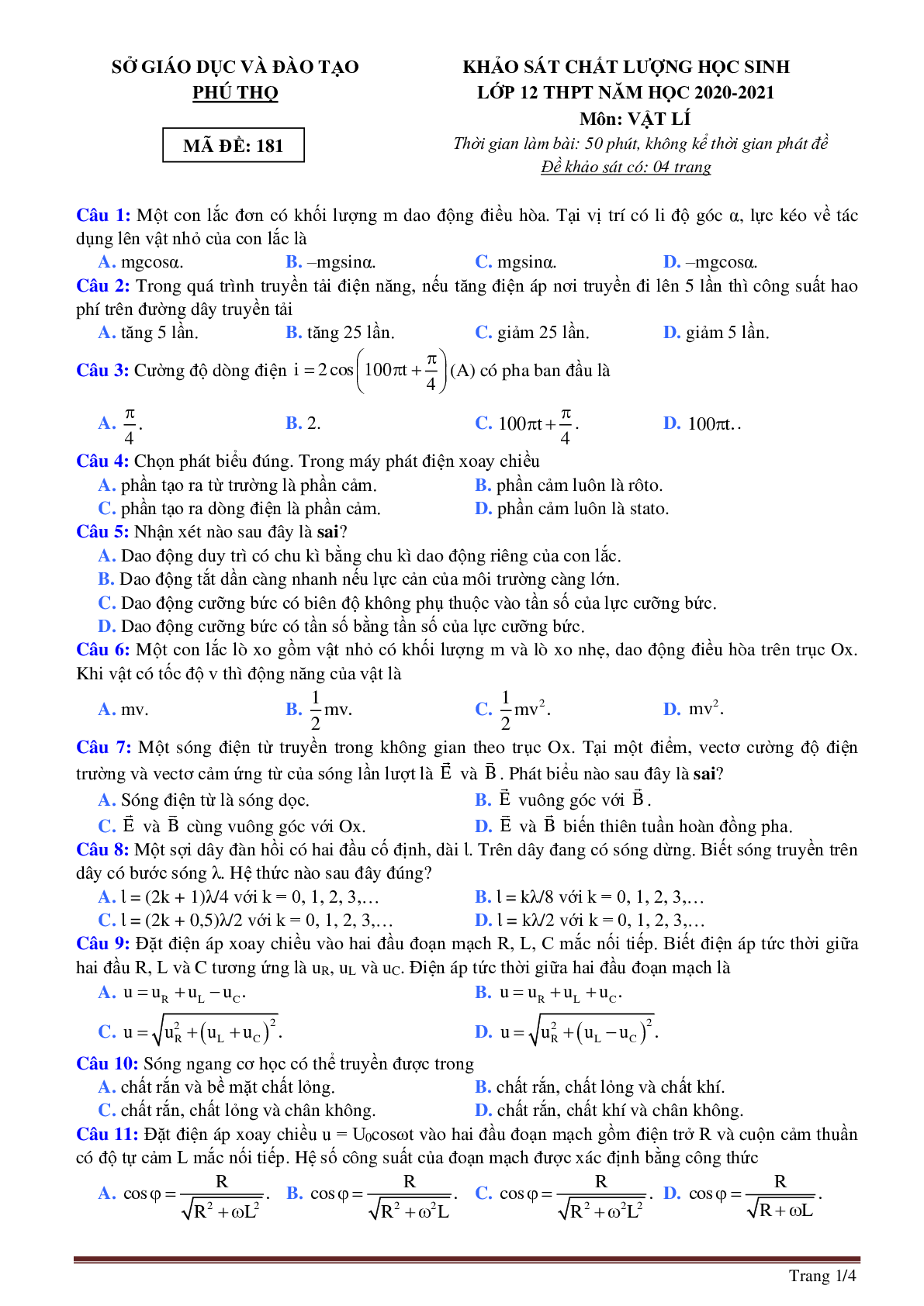 Đề Thi Thử THPT QG Môn Vật lí Lớp 12 Sở Phú Thọ Năm 2021 (trang 1)