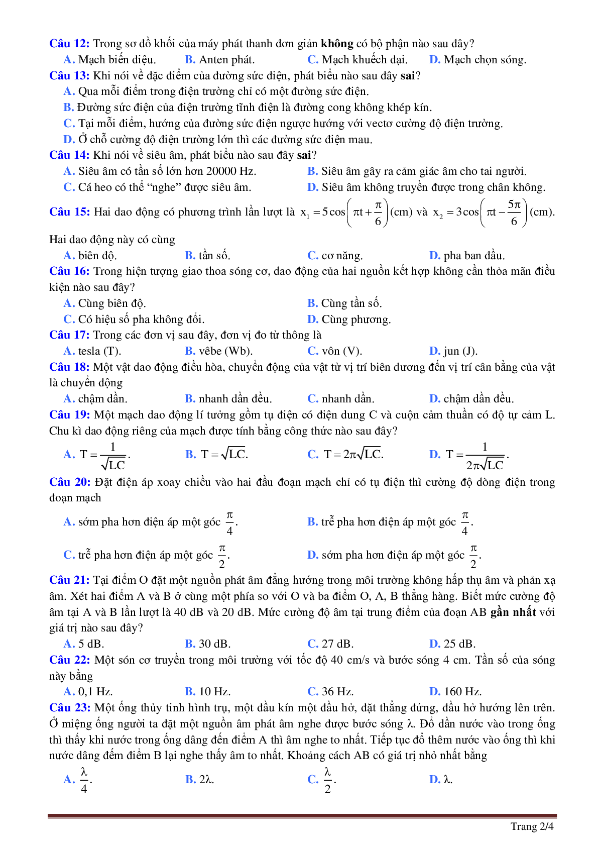 Đề Thi Thử THPT QG Môn Vật lí Lớp 12 Sở Phú Thọ Năm 2021 (trang 2)