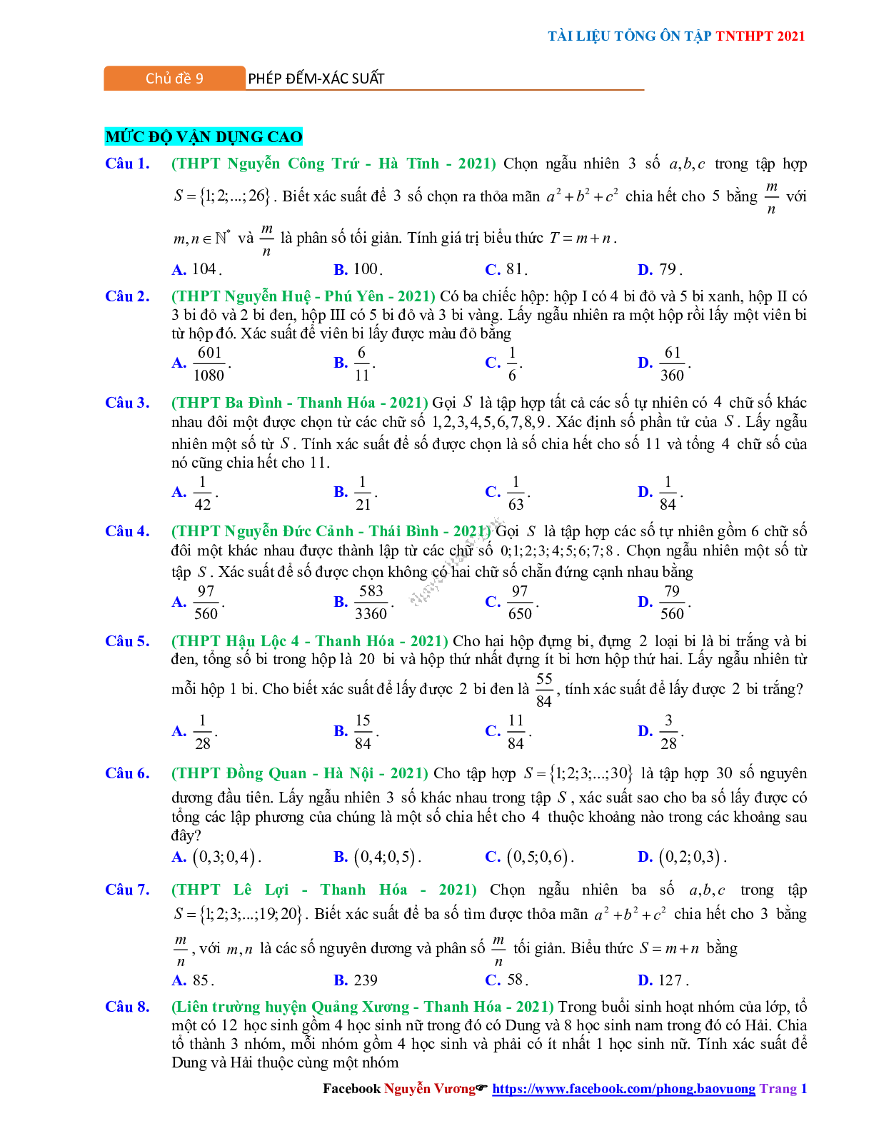 13 câu Trắc nghiệm Ôn thi THPT QG 2023 Toán 11: Câu hỏi tổ hợp - xác suất mức độ vận dụng cao (trang 1)