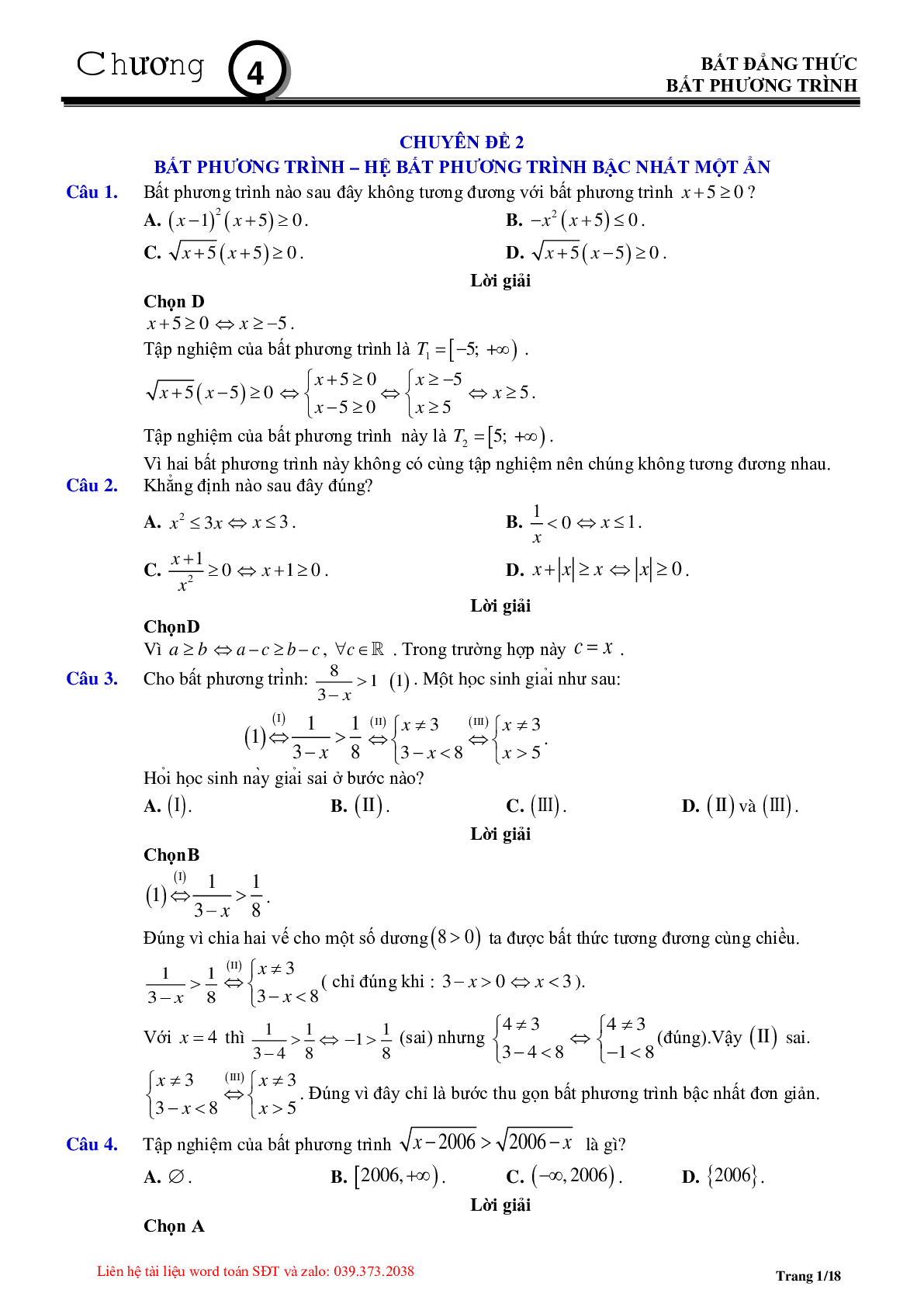 Chuyên đề bất phương trình, hệ bất phương trình bậc nhất (trang 1)