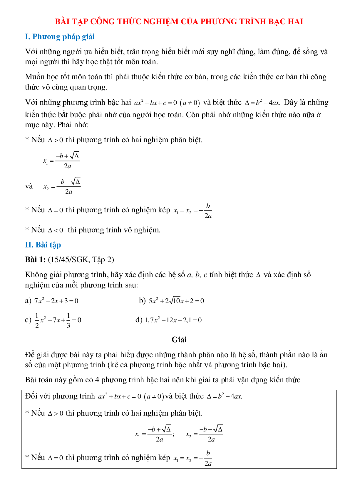 50 Bài tập Công thức nghiệm của phương tình bậc hai (có đáp án)- Toán 9 (trang 1)
