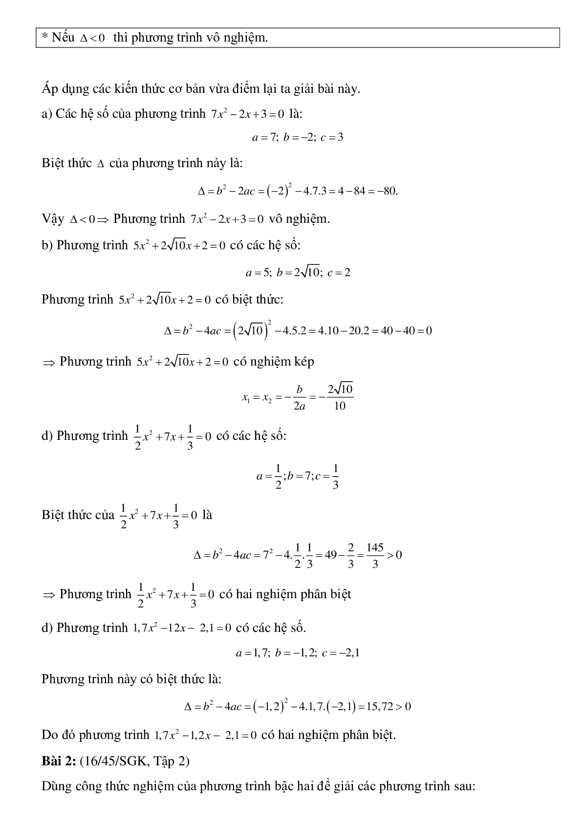 50 Bài tập Công thức nghiệm của phương tình bậc hai (có đáp án)- Toán 9 (trang 2)