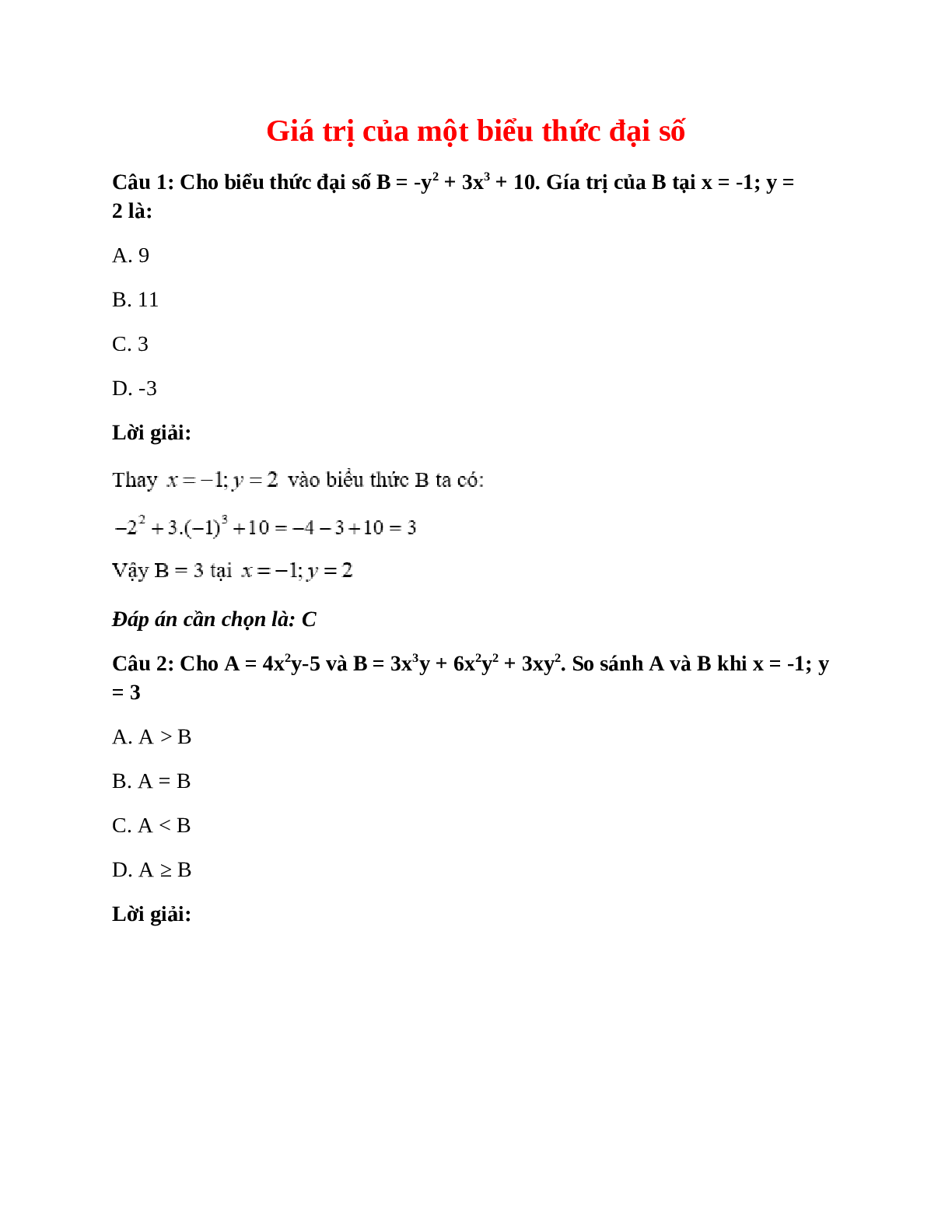Trắc nghiệm Giá trị của một biểu thức đại số có đáp án – Toán lớp 7 (trang 1)