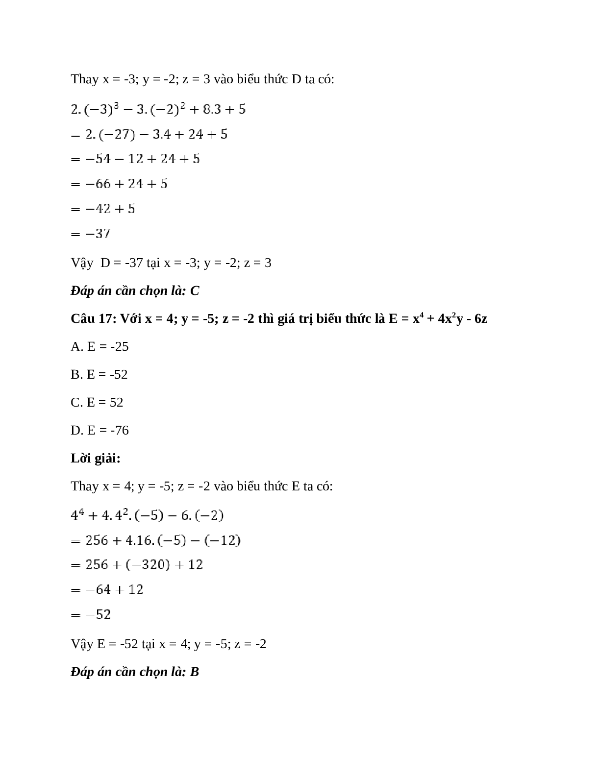 Trắc nghiệm Giá trị của một biểu thức đại số có đáp án – Toán lớp 7 (trang 10)