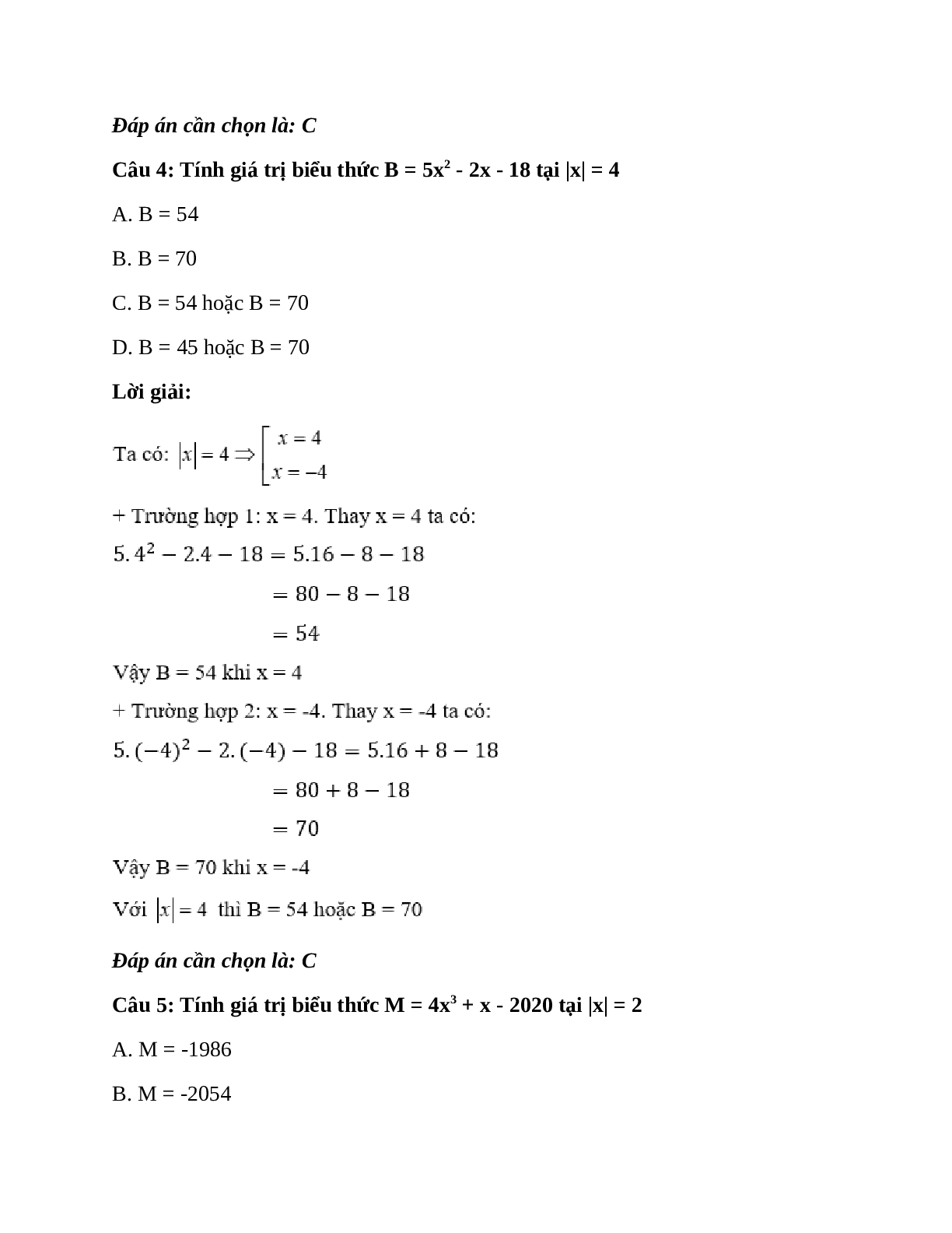Trắc nghiệm Giá trị của một biểu thức đại số có đáp án – Toán lớp 7 (trang 3)