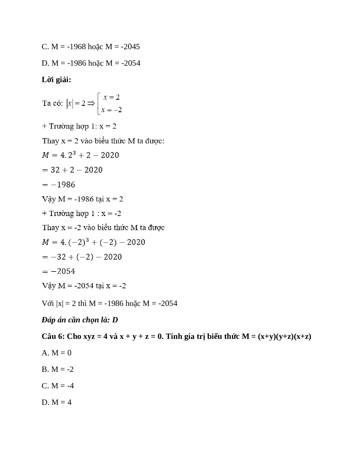 Trắc nghiệm Giá trị của một biểu thức đại số có đáp án – Toán lớp 7 (trang 4)