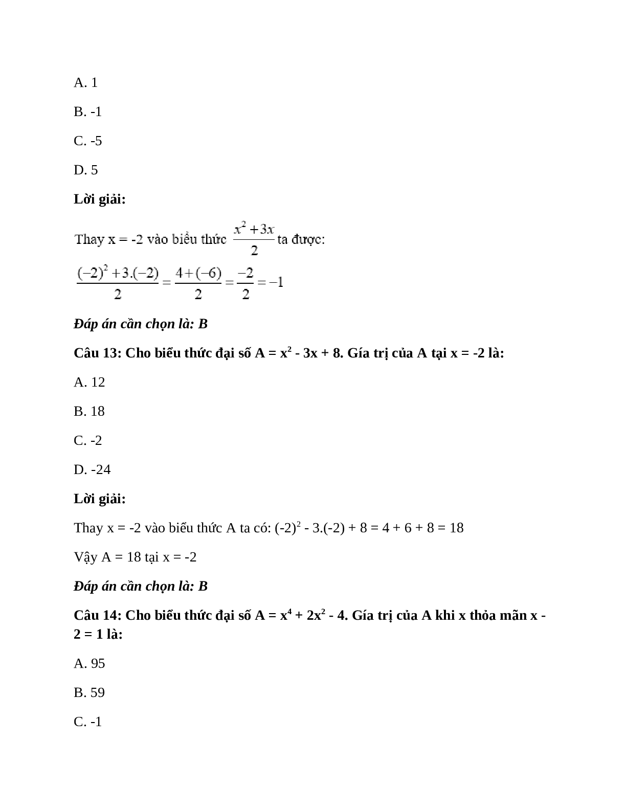 Trắc nghiệm Giá trị của một biểu thức đại số có đáp án – Toán lớp 7 (trang 8)