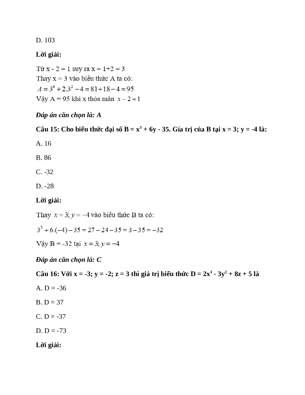 Trắc nghiệm Giá trị của một biểu thức đại số có đáp án – Toán lớp 7 (trang 9)