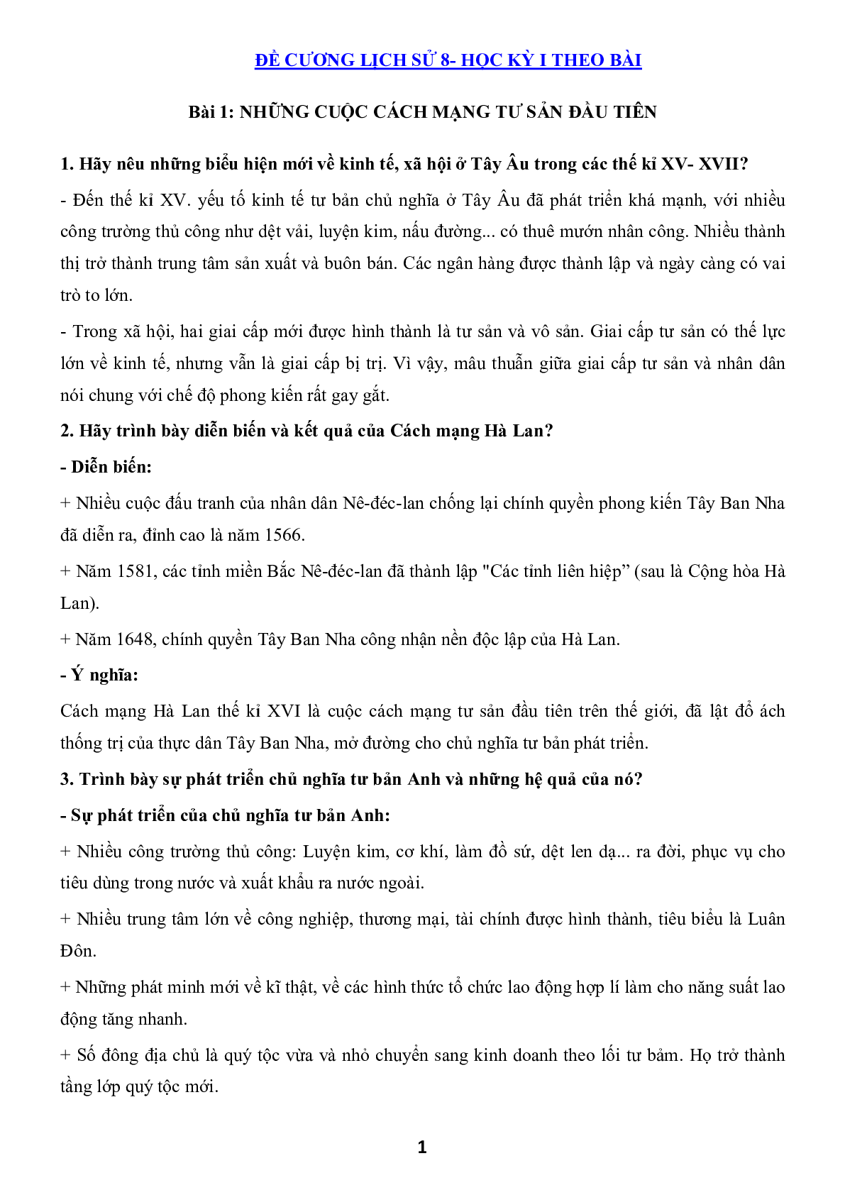 Đề cương ôn thi học kì 1 môn Lịch sử 8 (trang 1)