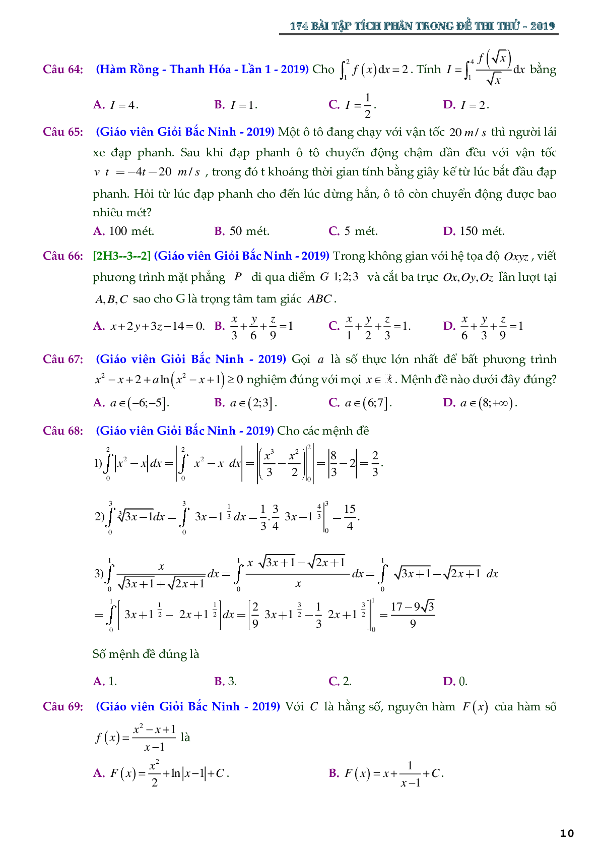 174 bài toán nguyên hàm tích phân trong các đề thi thử THPTQG 2019 - có đáp án chi tiết (trang 10)