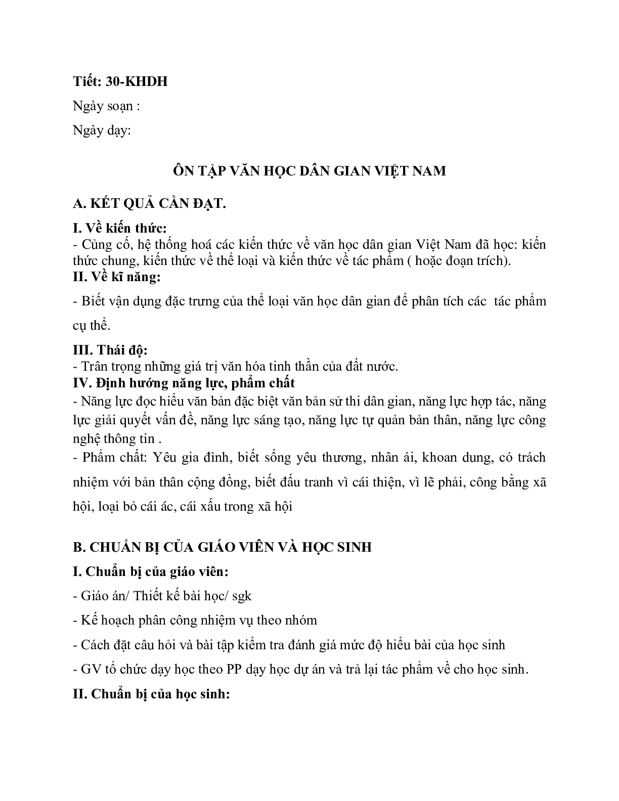 Giáo án ngữ văn lớp 10 Tiết 30: Ôn tập văn học dân gian Việt Nam (trang 1)
