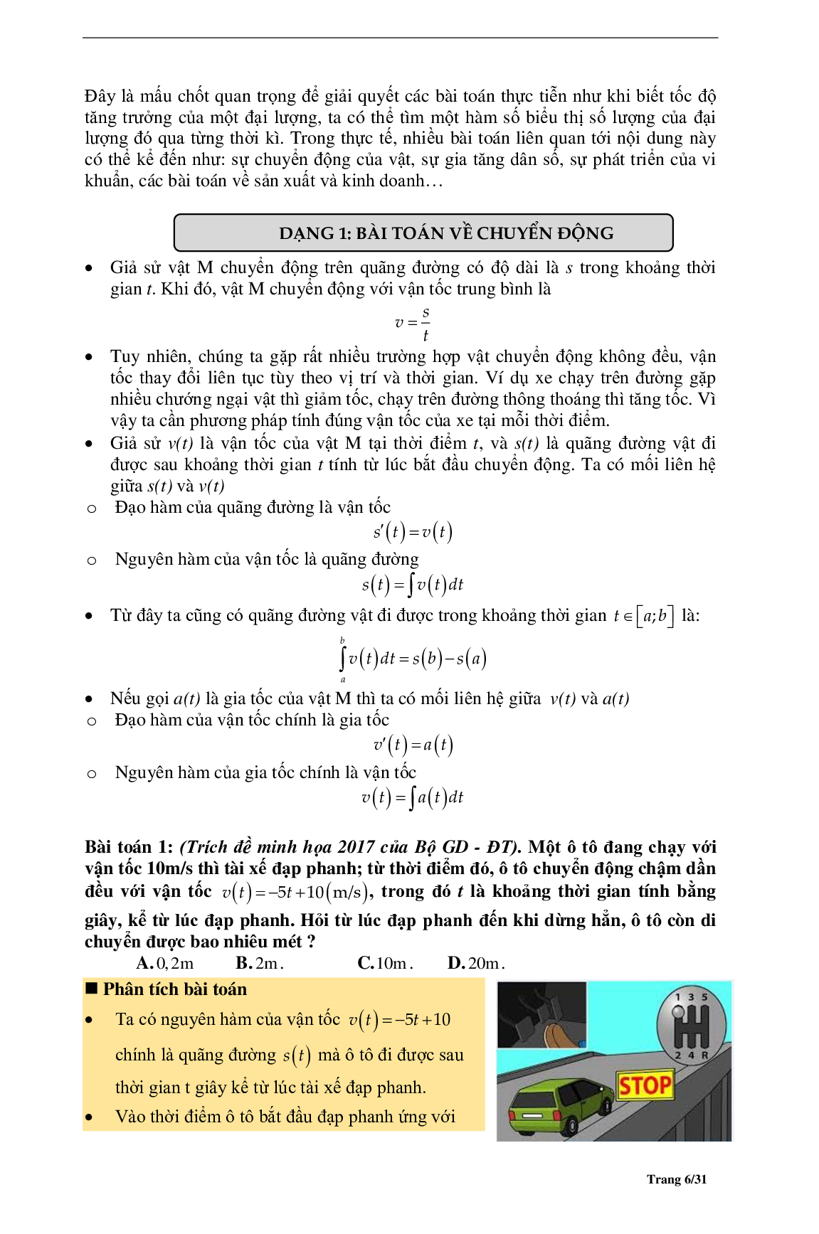 Phương pháp giải Bài toán thực tế Nguyên hàm Tích phân 2023 (lý thuyết và bài tập) (trang 6)