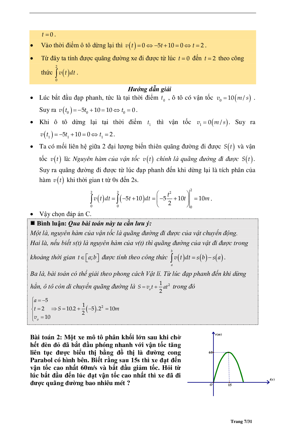 Phương pháp giải Bài toán thực tế Nguyên hàm Tích phân 2023 (lý thuyết và bài tập) (trang 7)