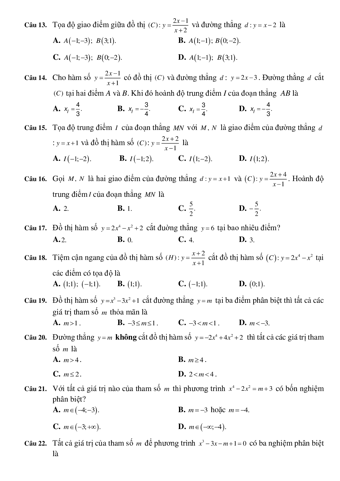 57 Bài tập trắc nghiệm Sự tương giao của đồ thị hai hàm số có đáp án 2023 (trang 2)