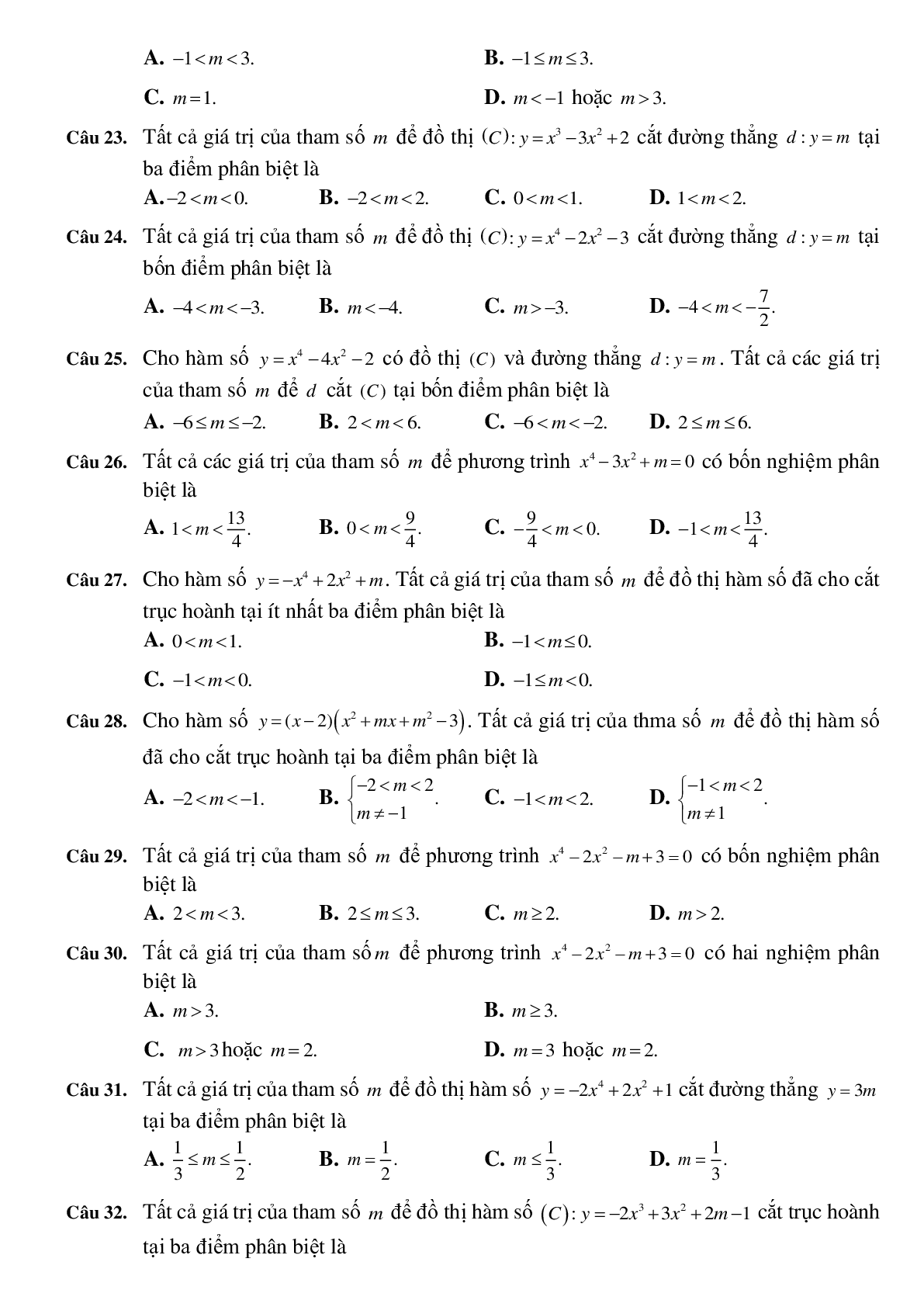 57 Bài tập trắc nghiệm Sự tương giao của đồ thị hai hàm số có đáp án 2023 (trang 3)