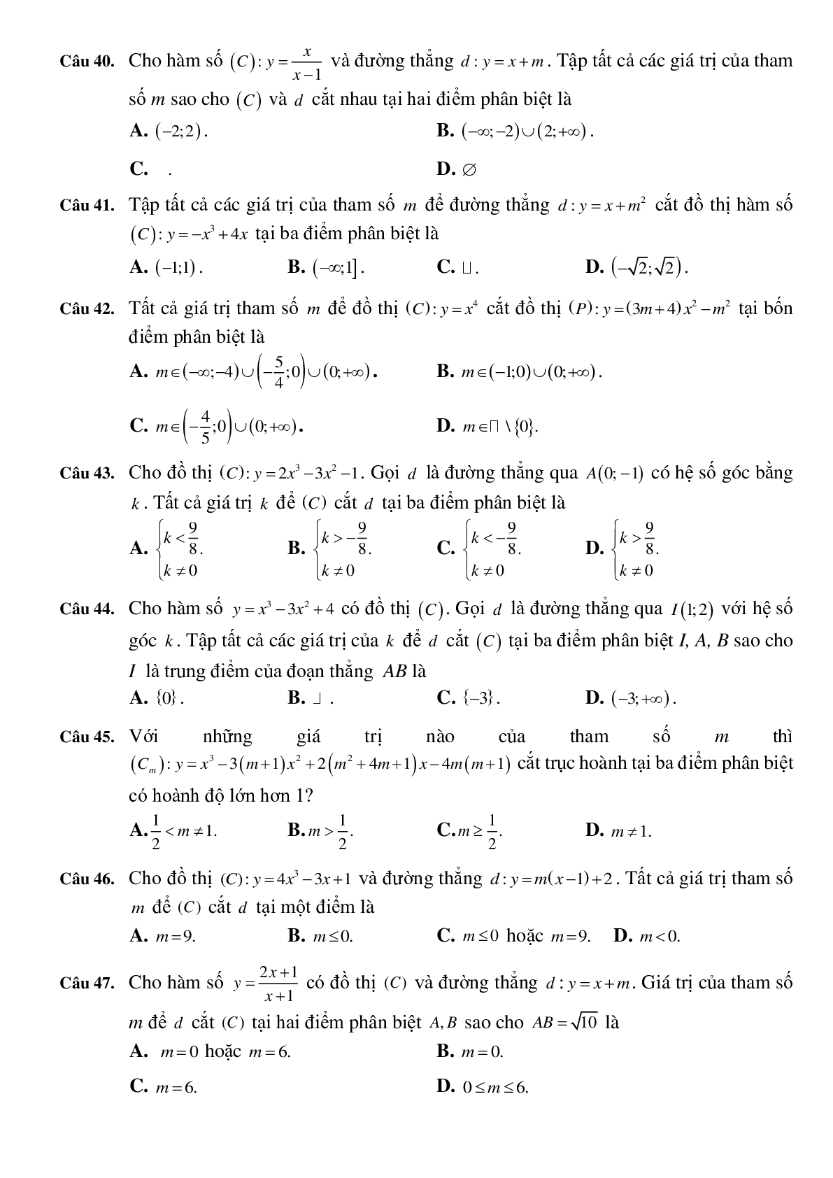 57 Bài tập trắc nghiệm Sự tương giao của đồ thị hai hàm số có đáp án 2023 (trang 5)