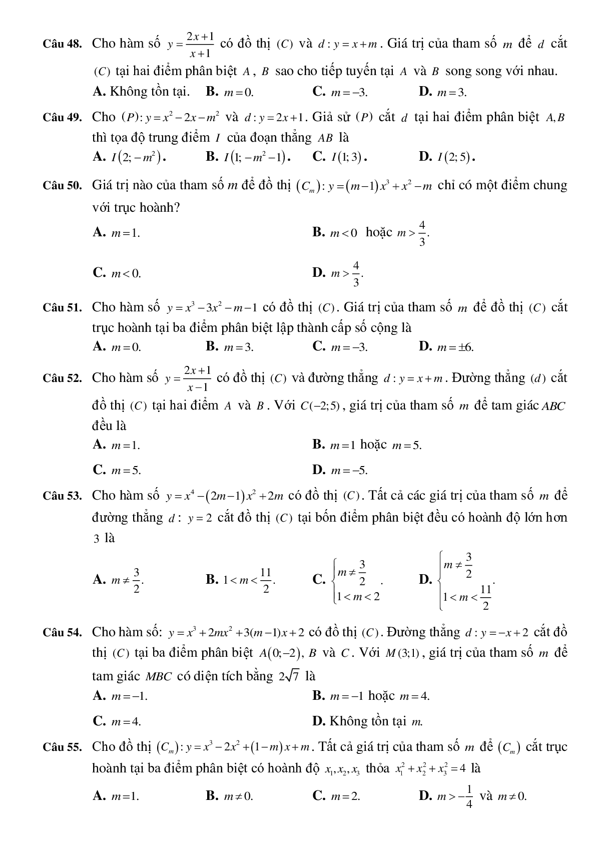 57 Bài tập trắc nghiệm Sự tương giao của đồ thị hai hàm số có đáp án 2023 (trang 6)