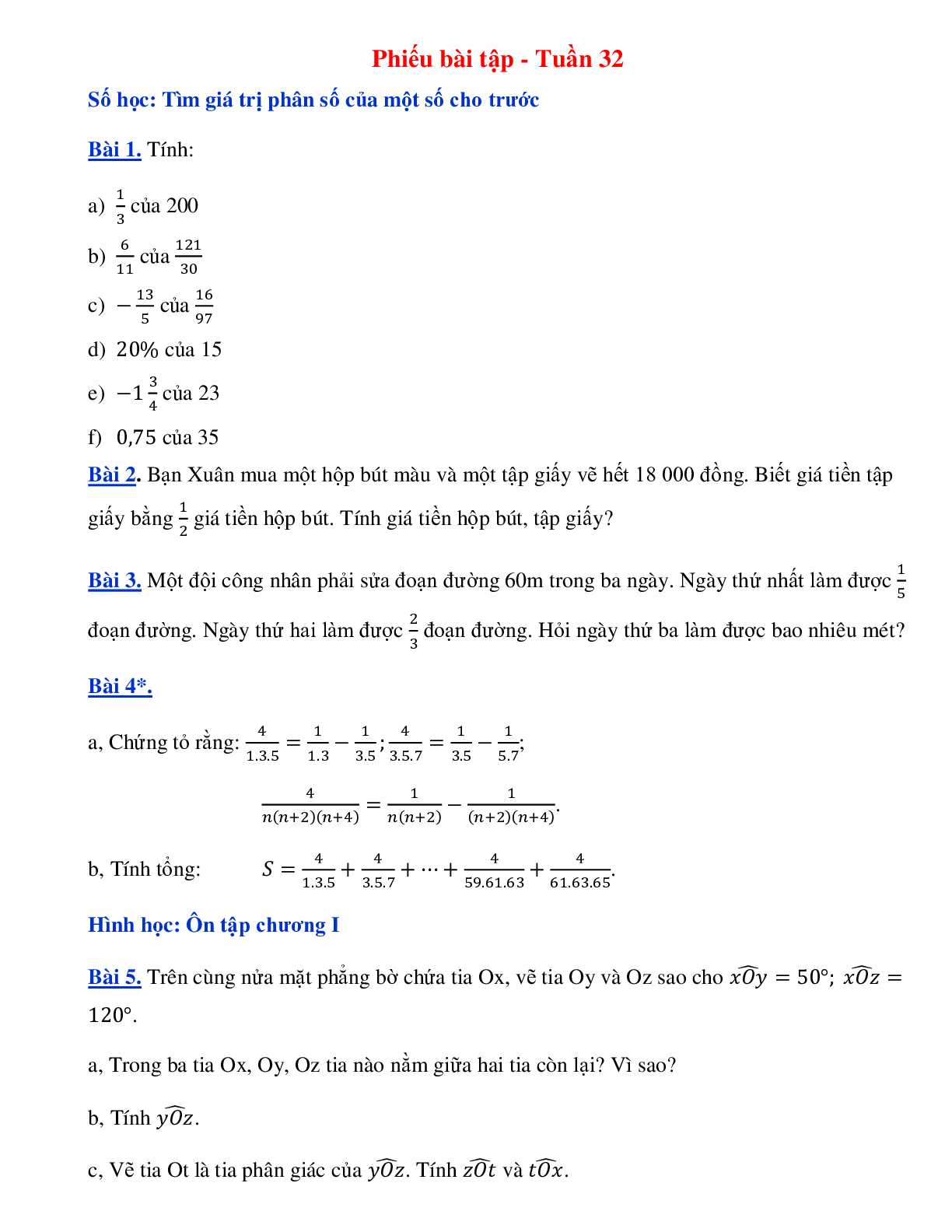 Phiếu bài tập tuần 32 - Toán 6 (trang 1)