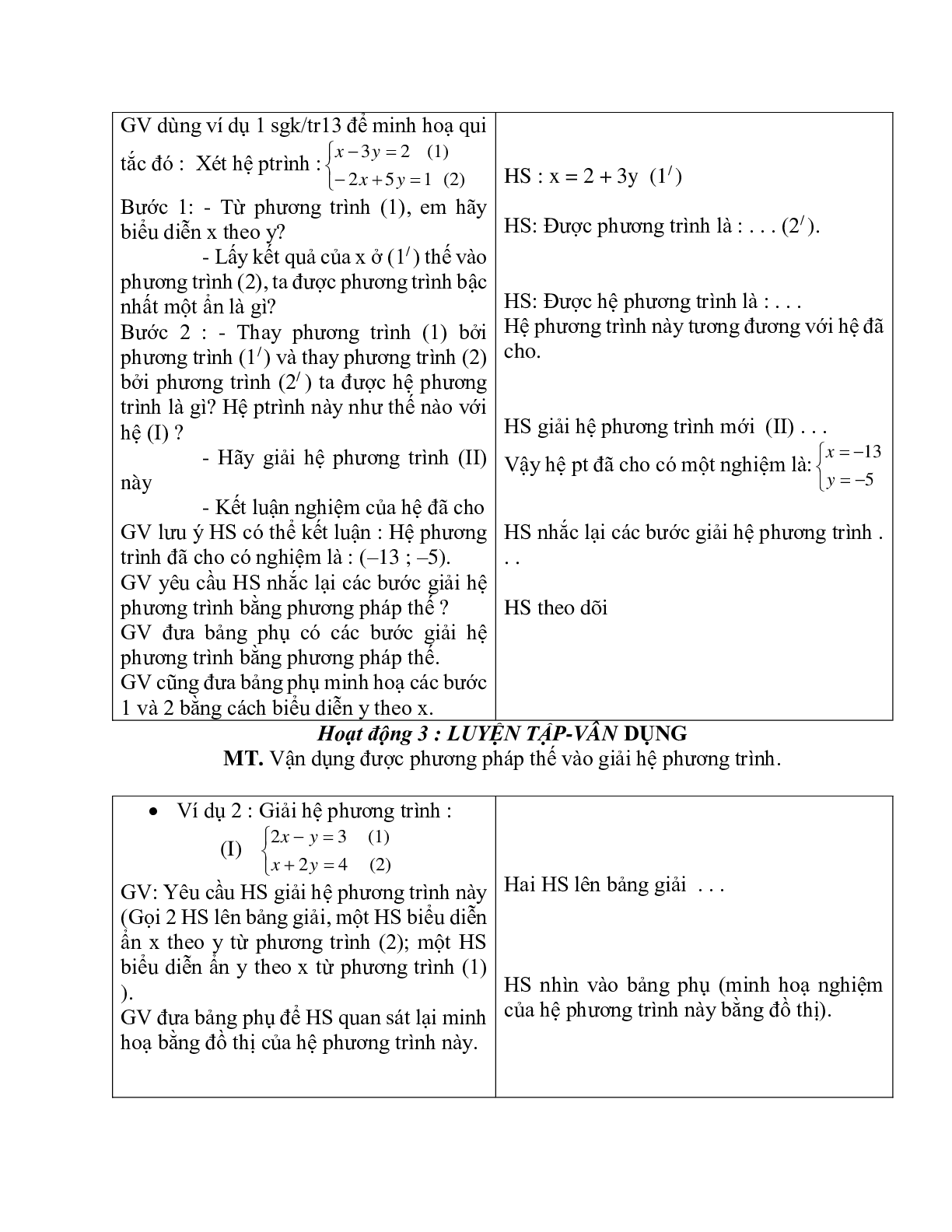 Giáo án Đại số 9 chương 3 bài 3: Giải hệ phương trình bằng phương pháp thế mới nhất (trang 2)