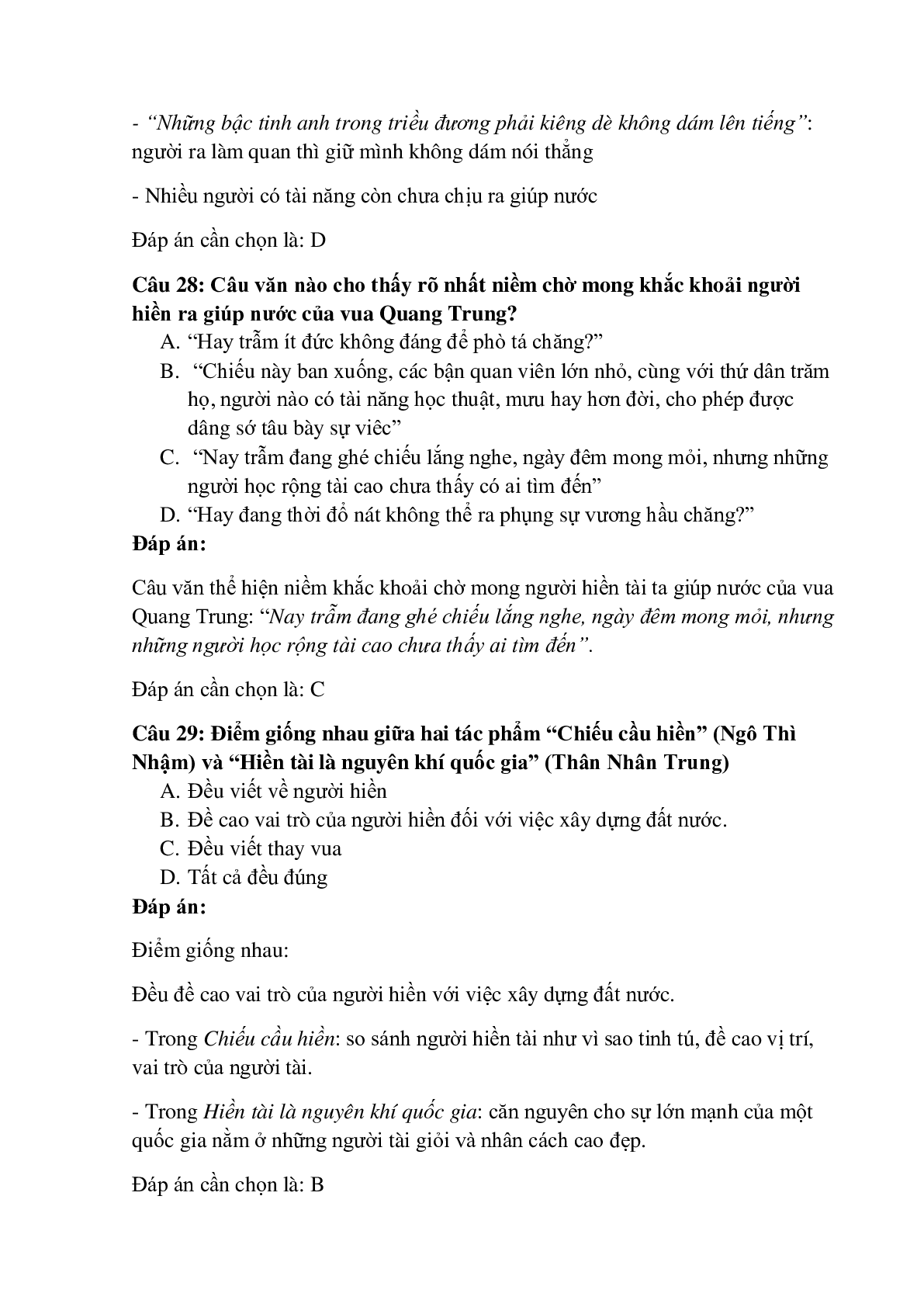 29 câu Trắc nghiệm Chiếu cầu hiền (Ngô Thì Nhậm) có đáp án 2023 – Ngữ Văn lớp 11 (trang 10)