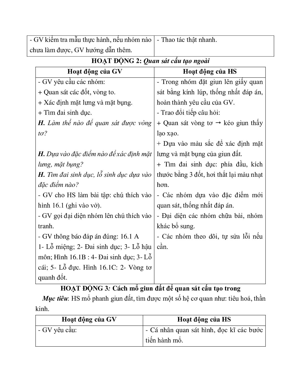 Giáo án Sinh học 7 Bài 16: Thực hành Mổ và quan sát giun đất mới nhất - CV5512 (trang 2)