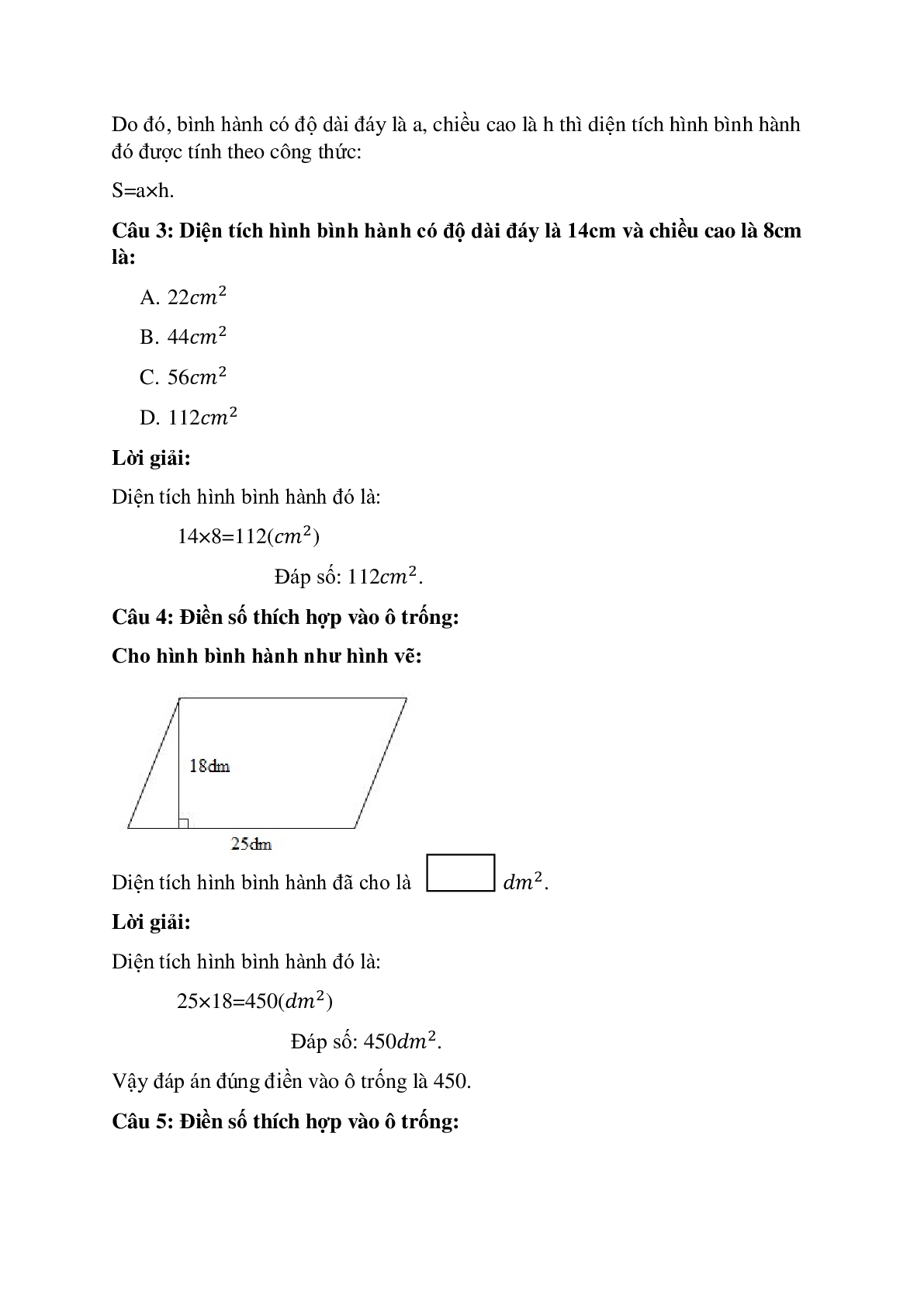 23 câu Trắc nghiệm Diện tích hình bình hành có đáp án 2023 – Toán lớp 4 (trang 2)
