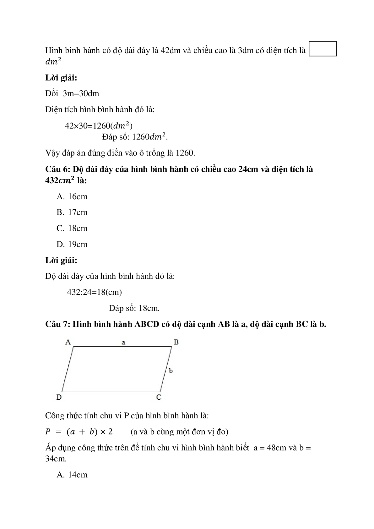 23 câu Trắc nghiệm Diện tích hình bình hành có đáp án 2023 – Toán lớp 4 (trang 3)