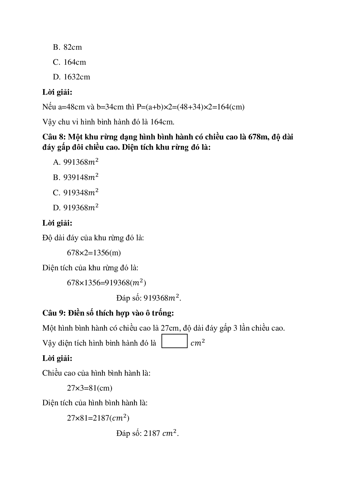23 câu Trắc nghiệm Diện tích hình bình hành có đáp án 2023 – Toán lớp 4 (trang 4)