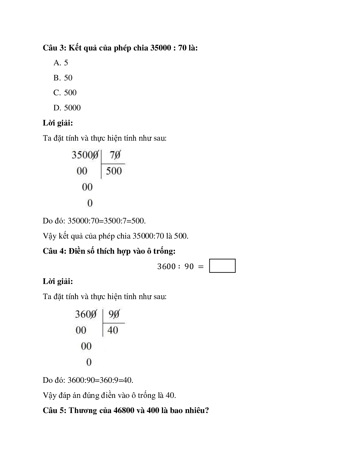 27 câu Trắc nghiệm Thương có chữ số 0 có đáp án 2023 – Toán lớp 4 (trang 2)