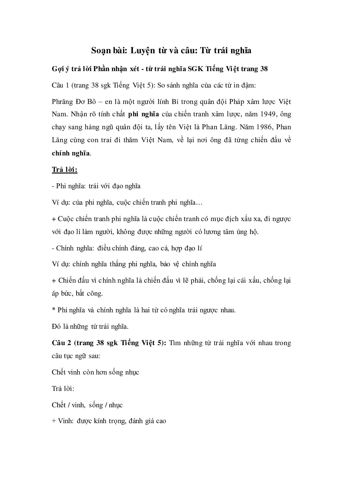 Soạn Tiếng Việt lớp 5: Luyện từ và câu: Từ trái nghĩa mới nhất (trang 1)