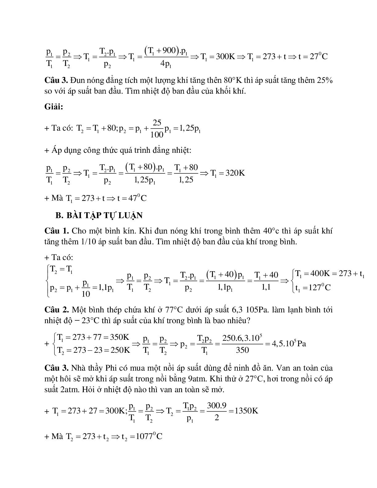 Bài tập về quá trình đẳng tích - Định luật sác - lơ có đáp án (trang 3)