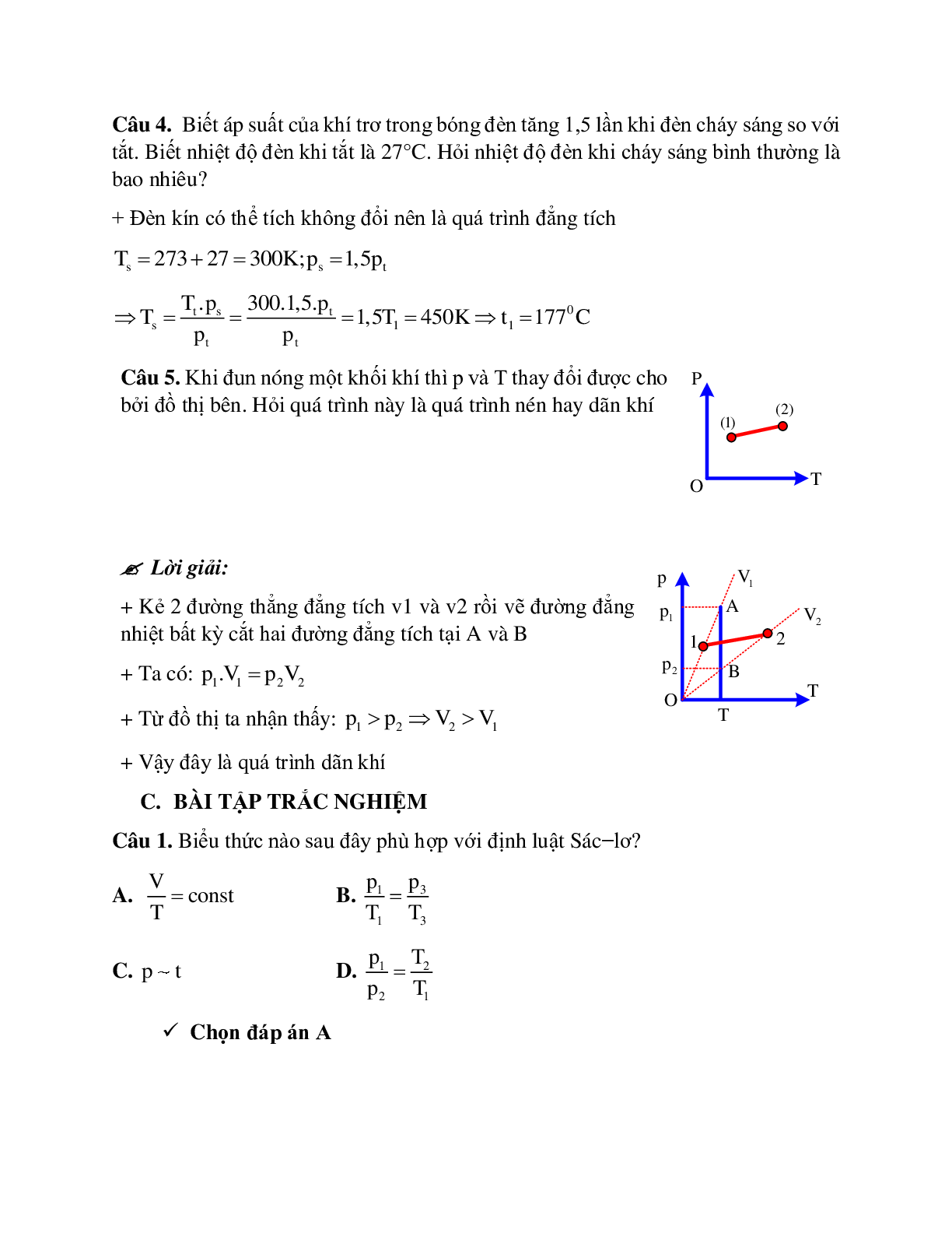 Bài tập về quá trình đẳng tích - Định luật sác - lơ có đáp án (trang 4)