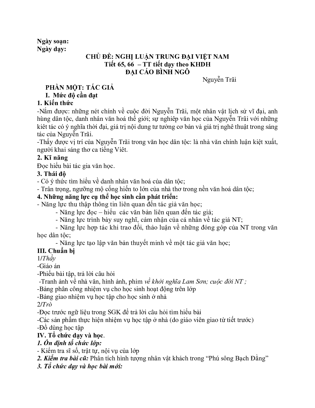 Giáo án ngữ văn lớp 10 Tiết 65, 66: Đại cáo bình ngô (trang 1)
