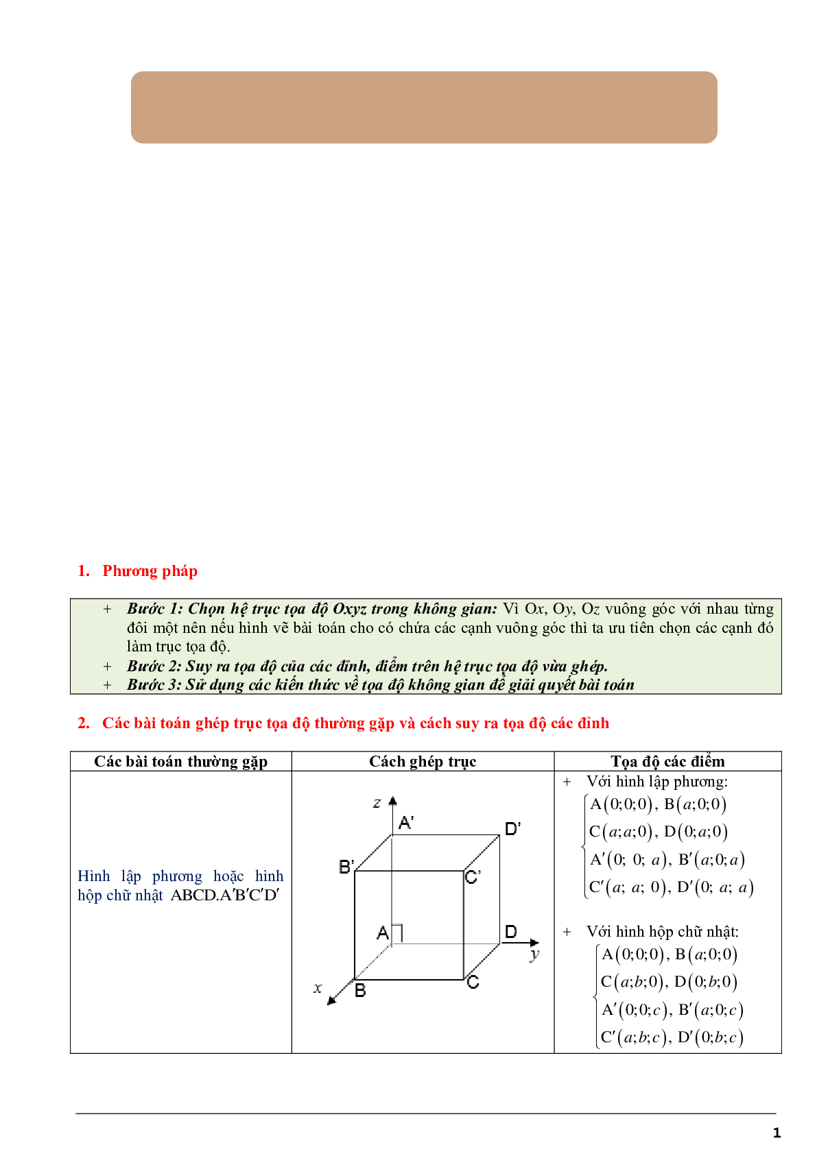 Ứng dụng phương pháp tọa độ để giải bài toán hình học không gian - bản 2 (trang 1)