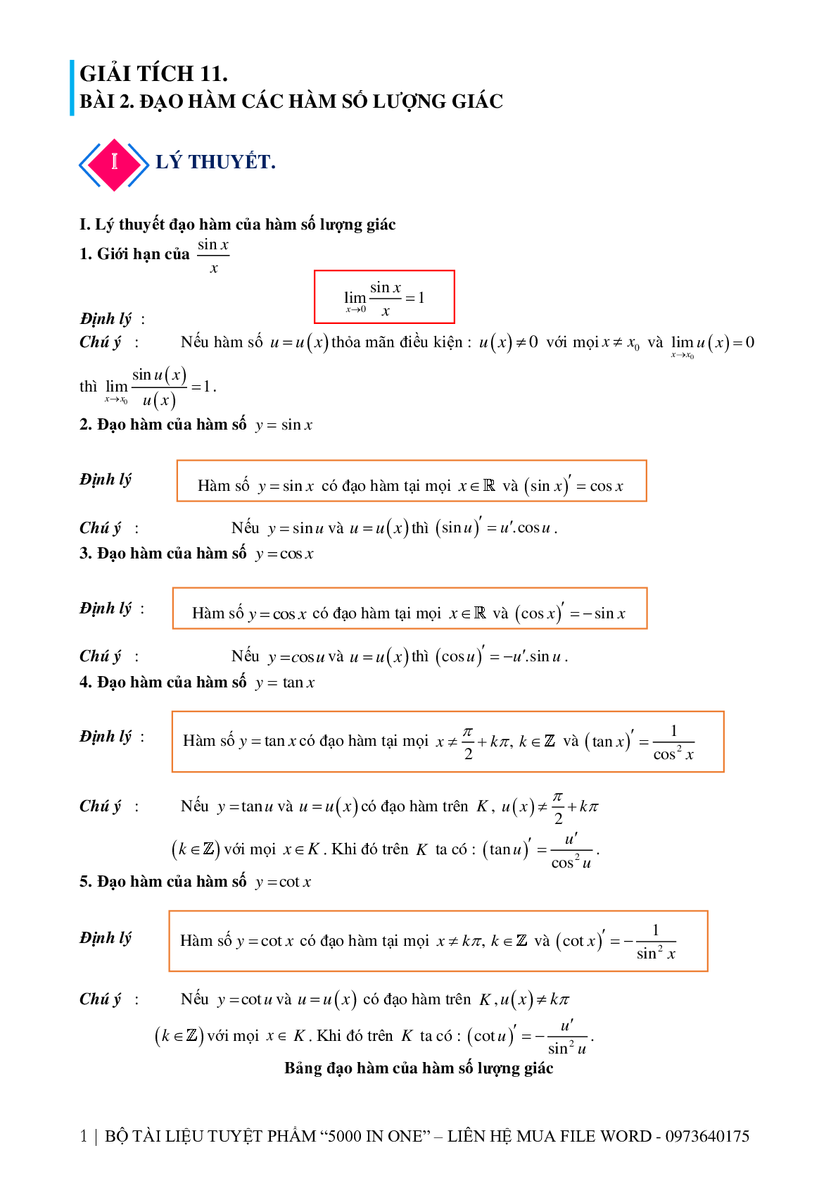 Chuyên đề Đạo hàm của hàm số lượng giác 2023 hay, chọn lọc (trang 1)