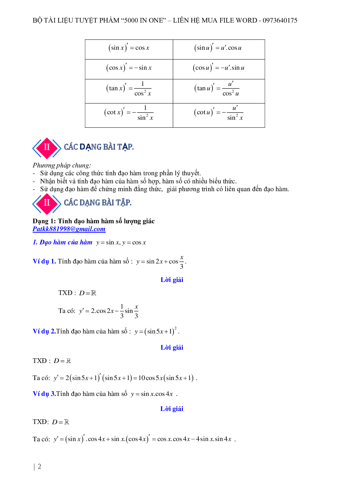 Chuyên đề Đạo hàm của hàm số lượng giác 2023 hay, chọn lọc (trang 2)