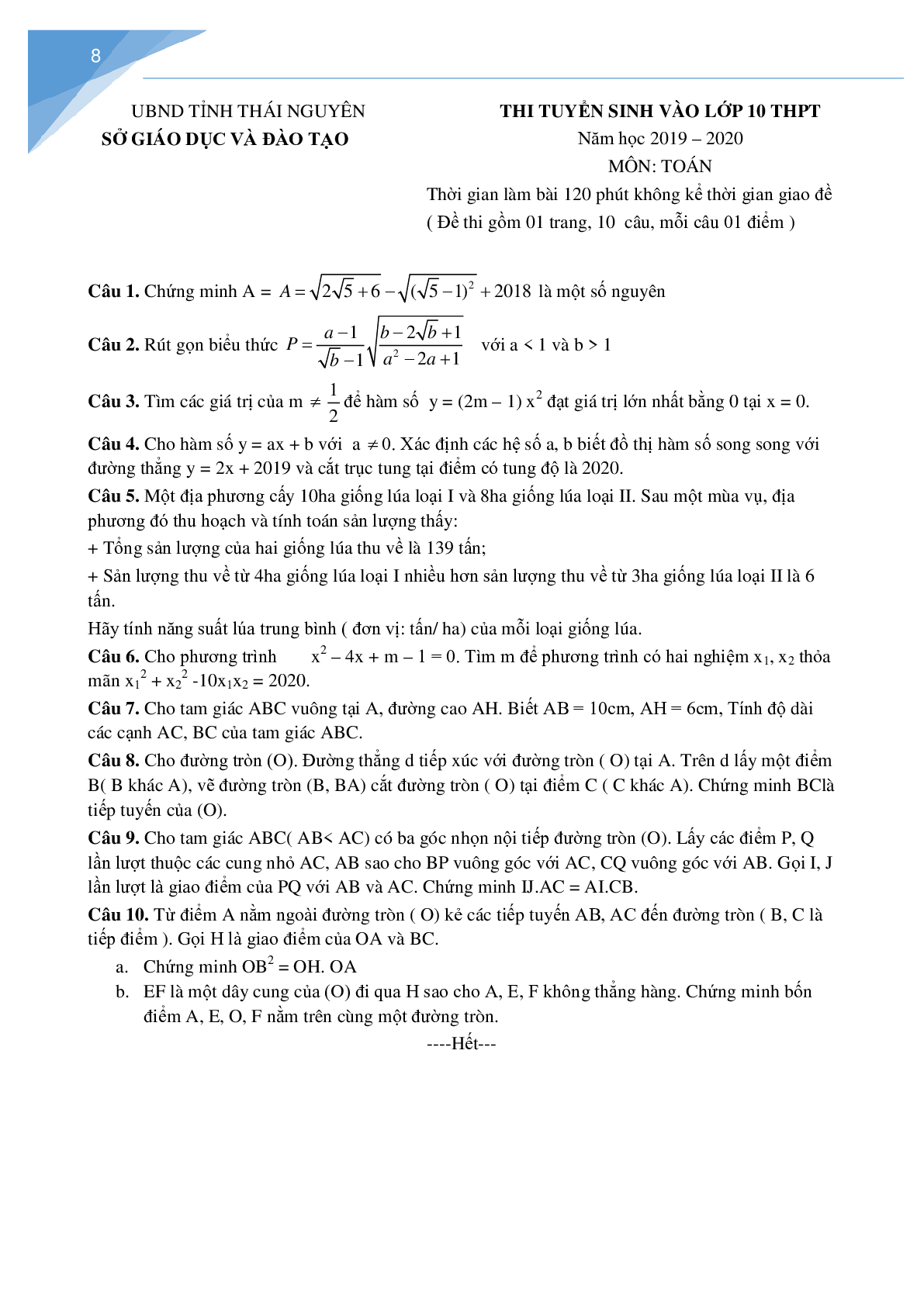 Đề thi vào lớp 10 môn toán tỉnh Thái Nguyên (trang 8)